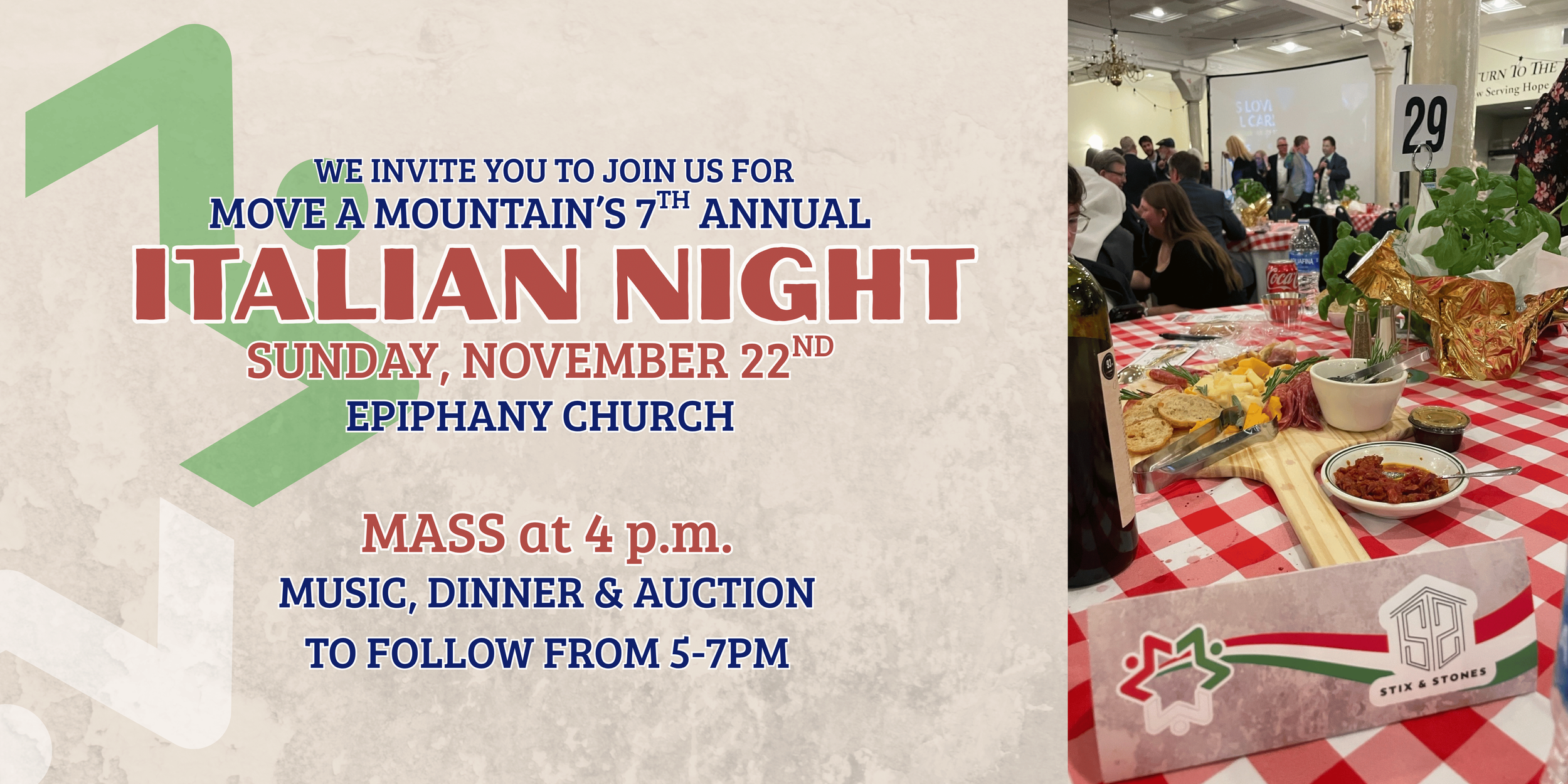 Move a Mountain’s 7th annual Italian Night fundraising event at Epiphany Church, featuring dinner, music, auction, and Italian food.