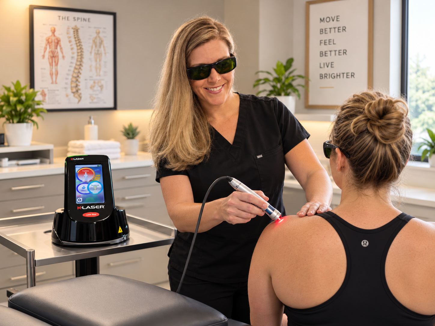 Dr. Jen Performing Class IV laser on a shoulder.