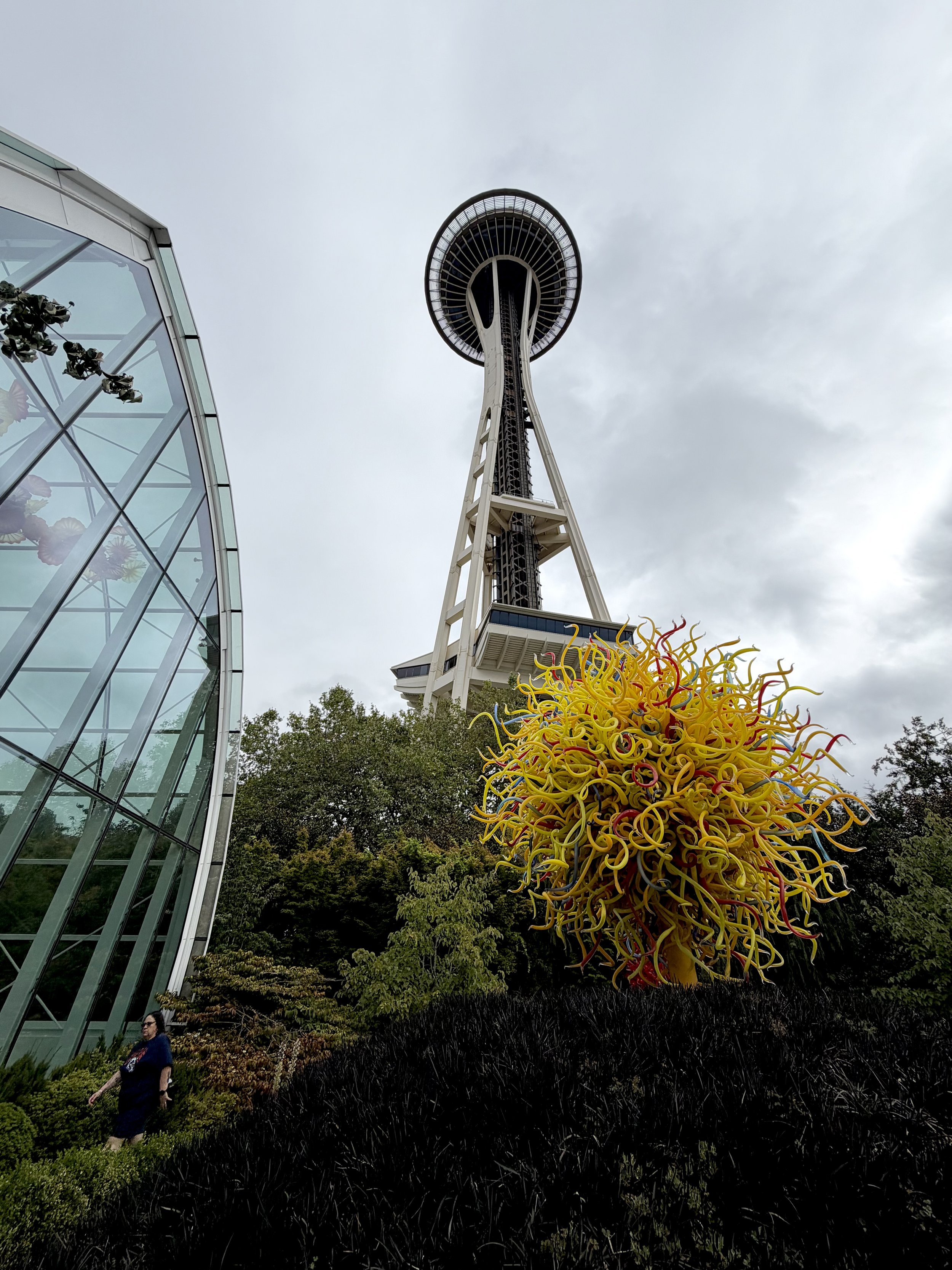  Looking up at the Space Needle with unsurprisingly overcast skies in Seattle, Washington 