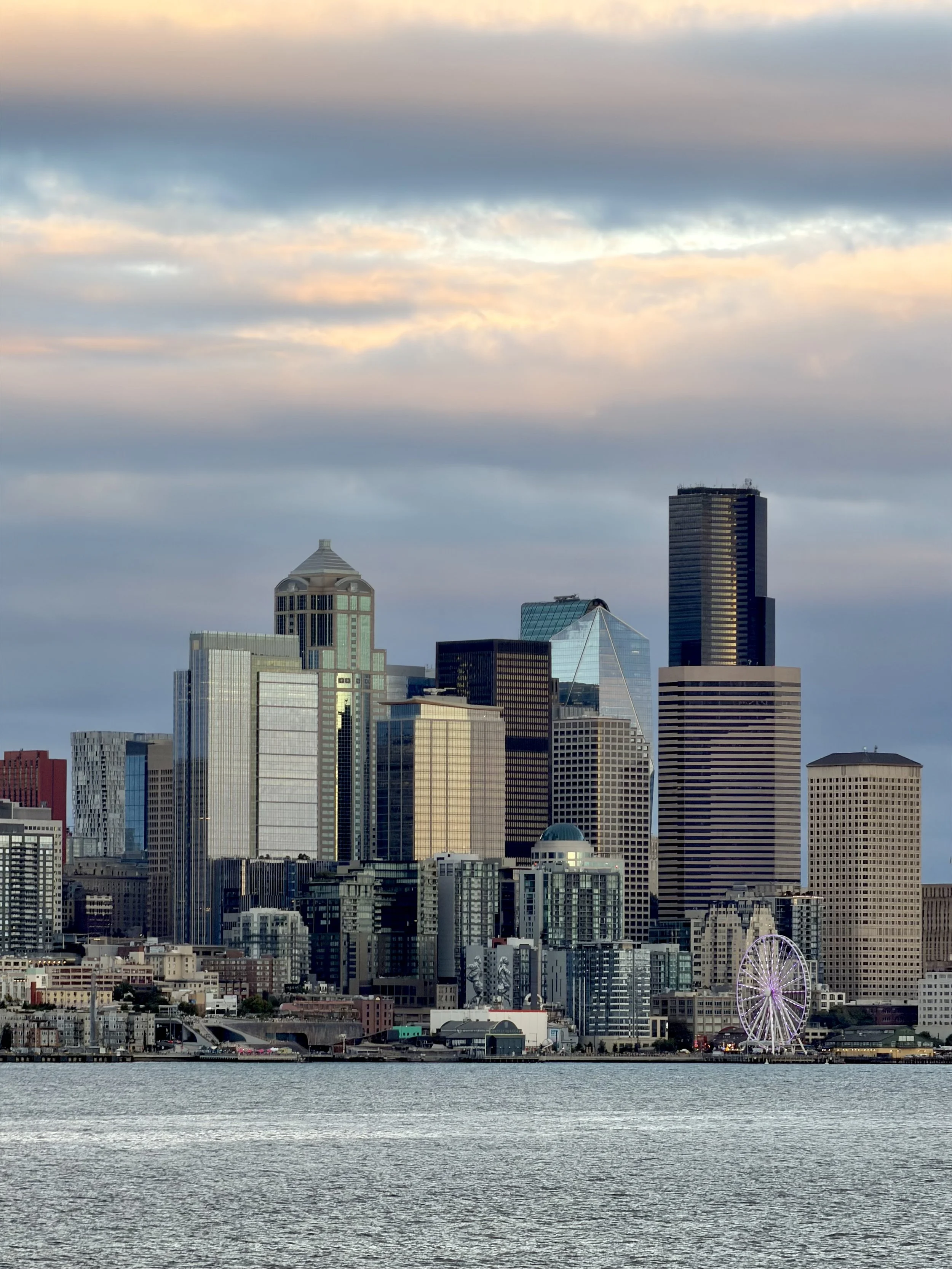  Beautiful light on some buildings at sunset on the Seattle harbor 