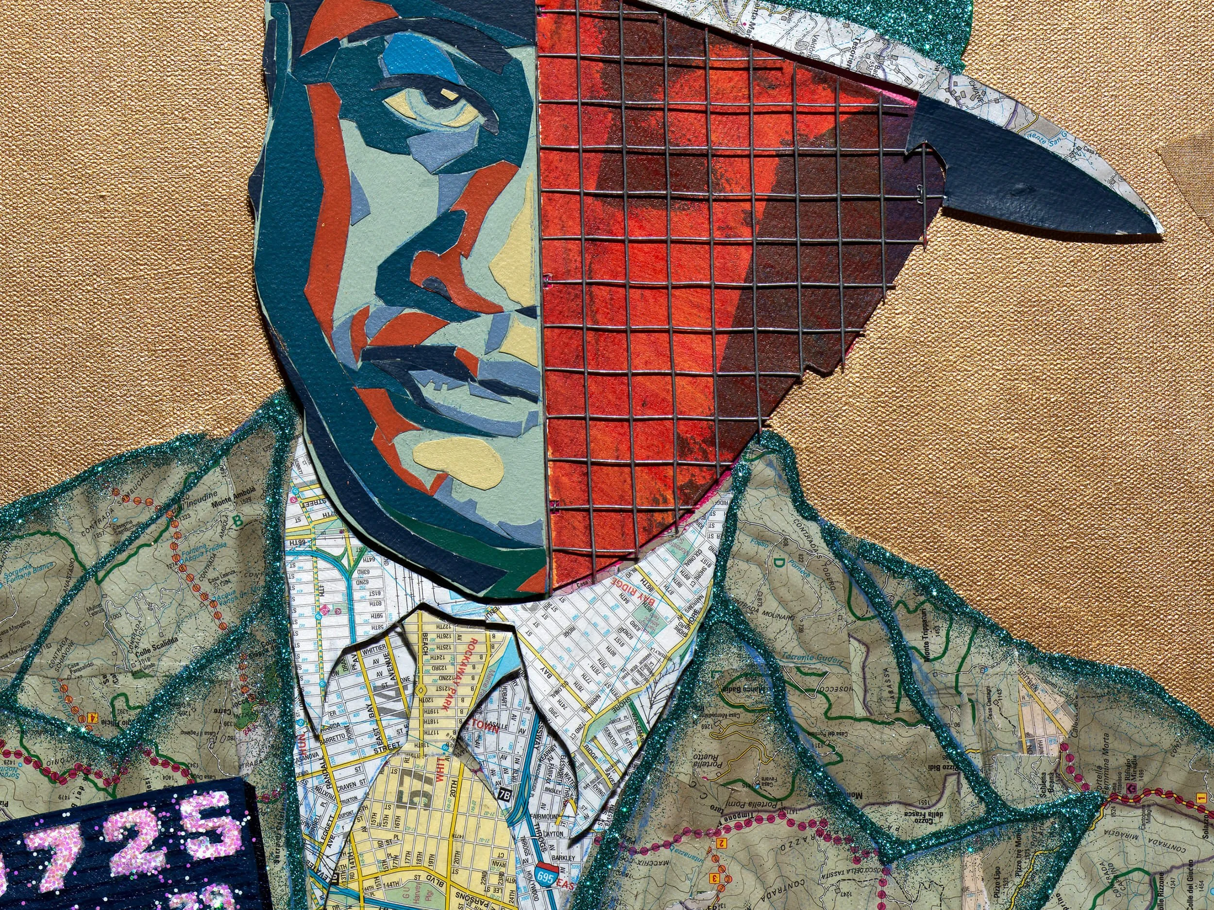 Untitled (Portrait #90725, detail), 2024
Paper, acrylic, gold leaf, glitter, steel on canvas
24 x 20 in