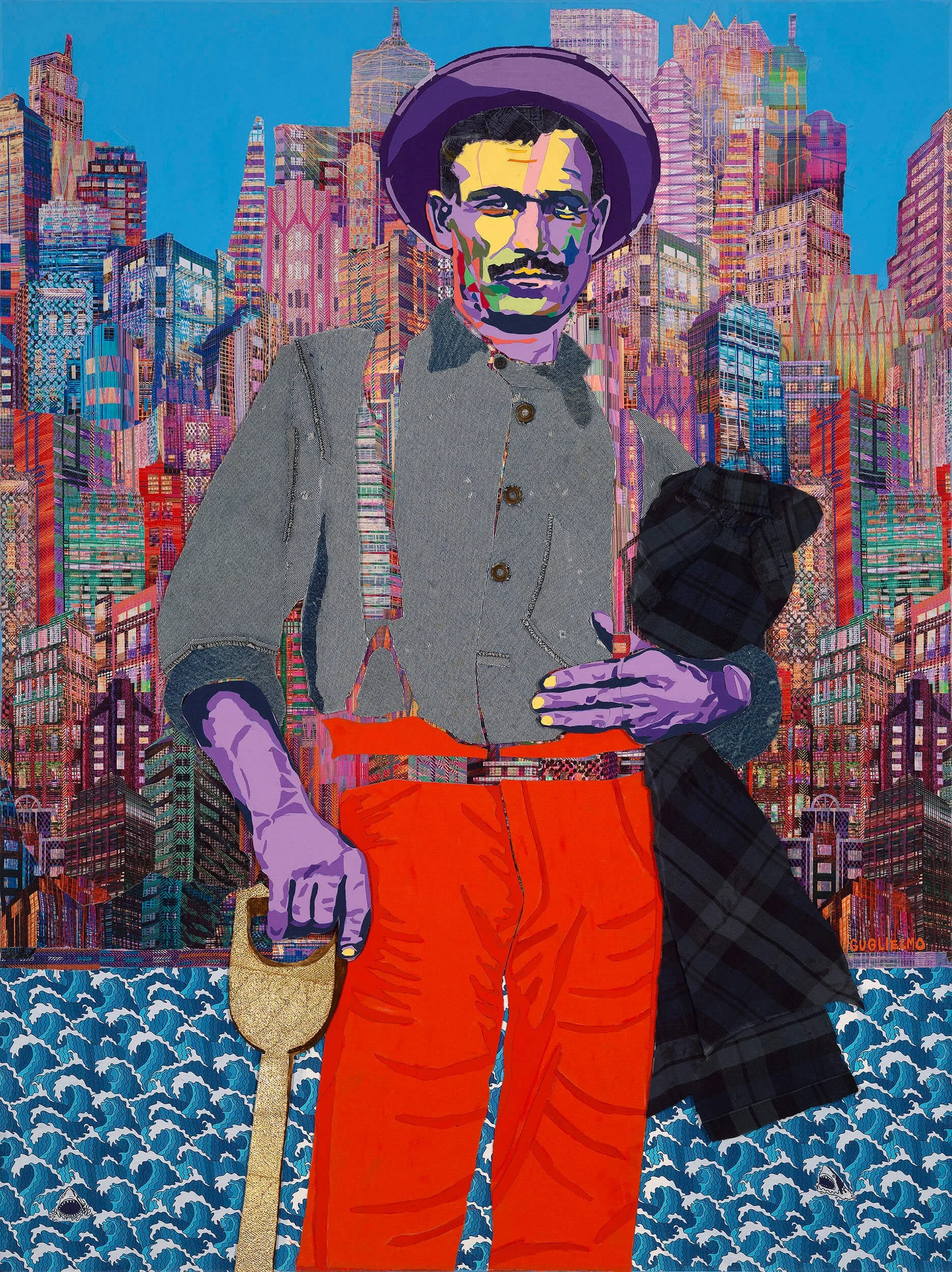 Man with Shovel, 2022
Paper, fabric, acrylic, gold leaf on canvas
48 x 36 in