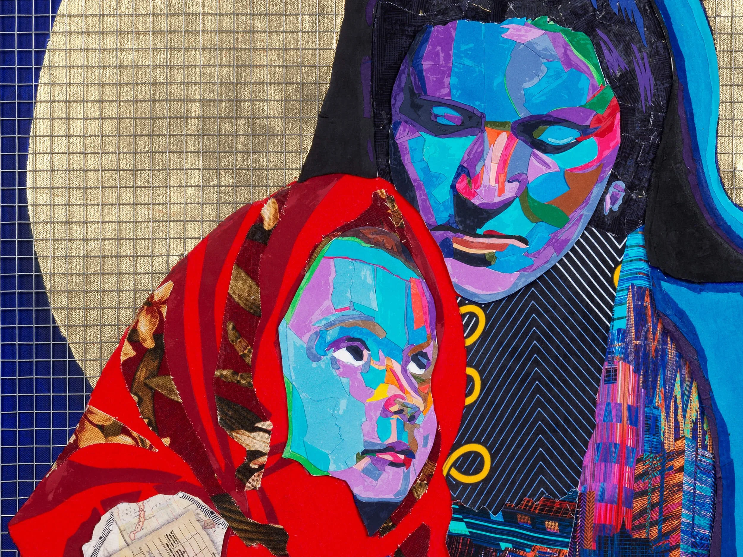 Ellis Island Mother and Child (detail), 2021
Paper, fabric, acrylic, gold leaf, steel on canvas
48 x 36 in