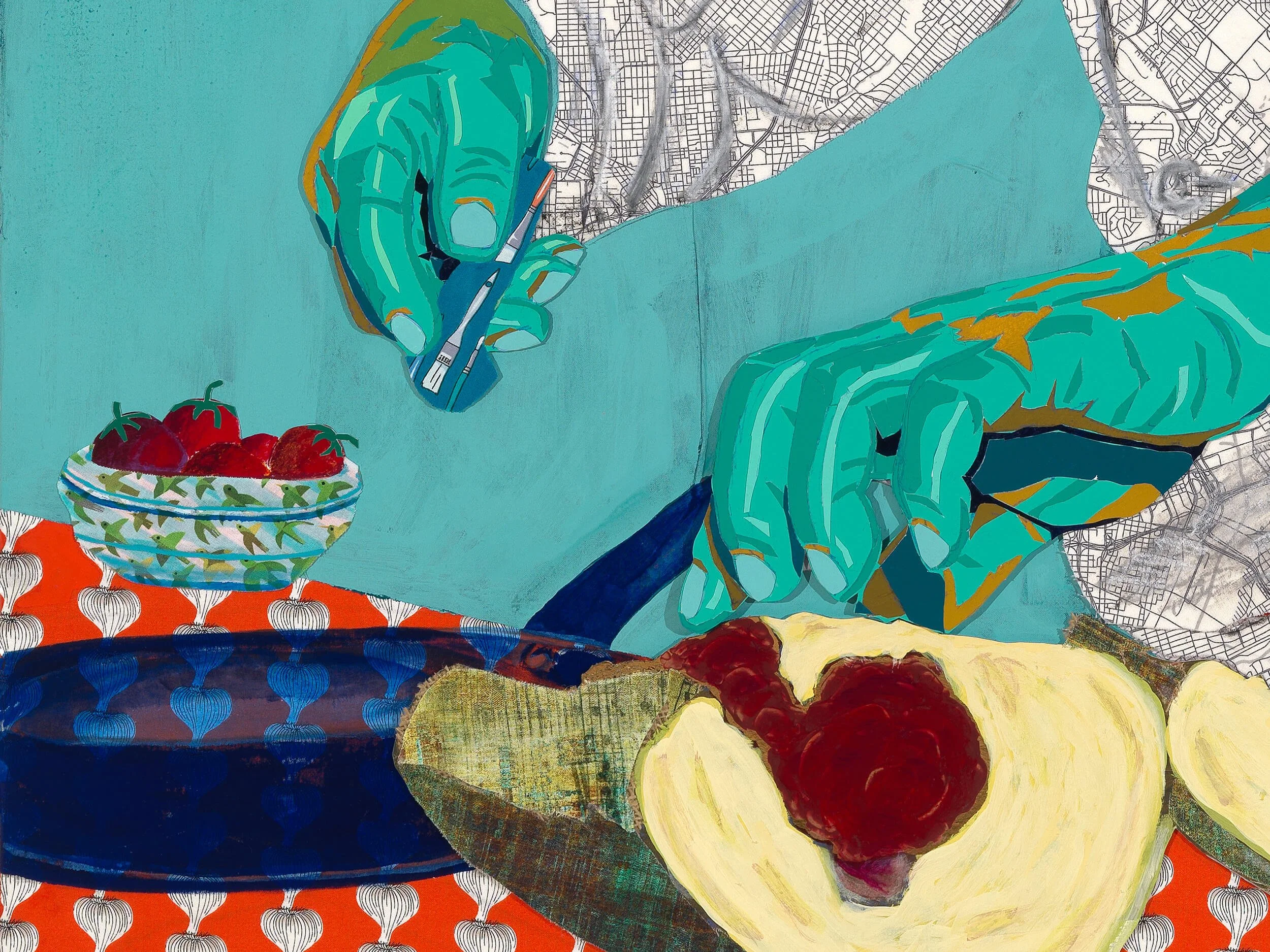 The Chef (detail), 2022
Acrylic, paper, fabric, oil pastel, gold leaf on canvas
48 x 36 in