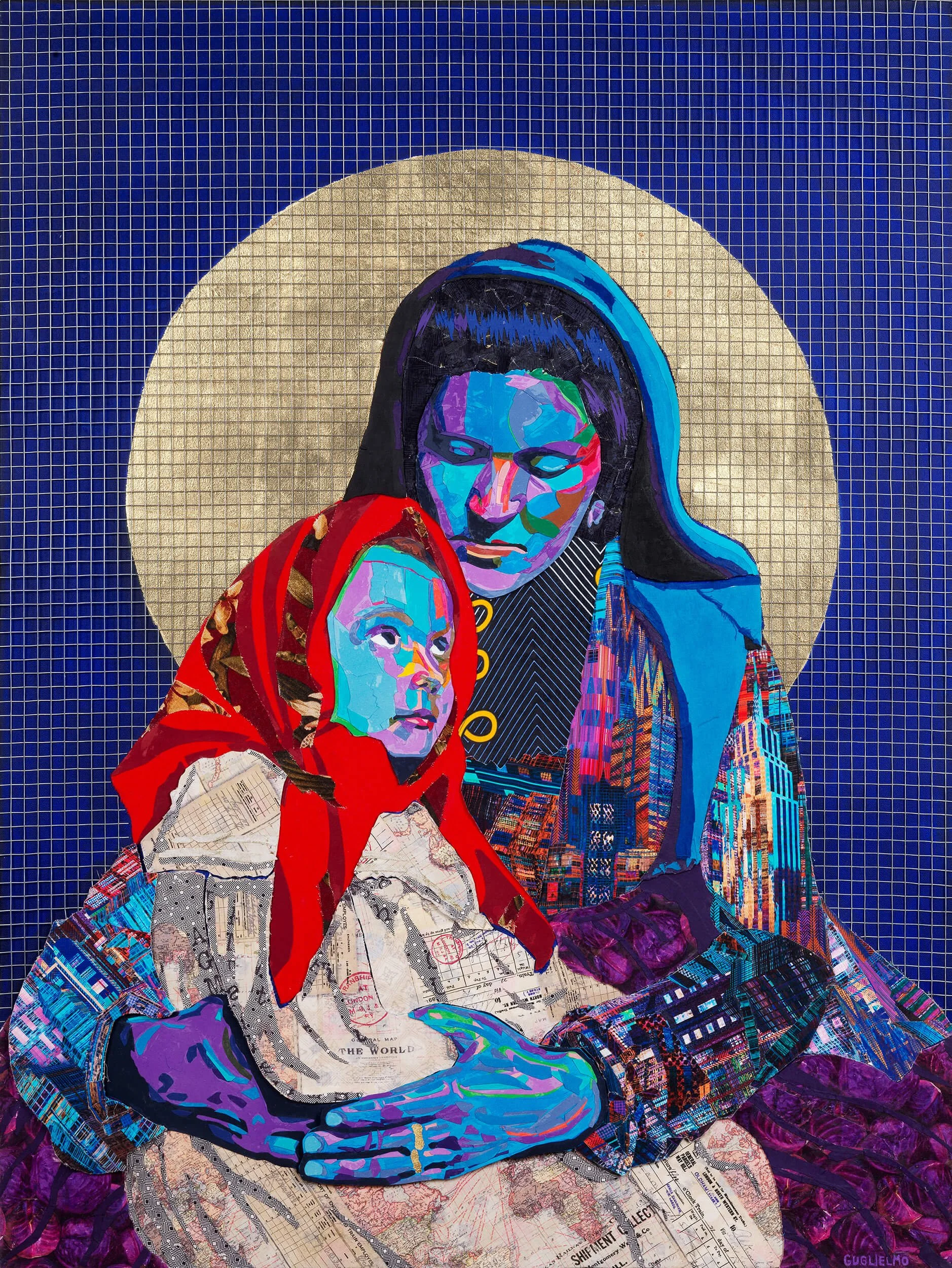 Ellis Island Mother and Child, 2021
Paper, fabric, acrylic, gold leaf, steel on canvas
48 x 36 in