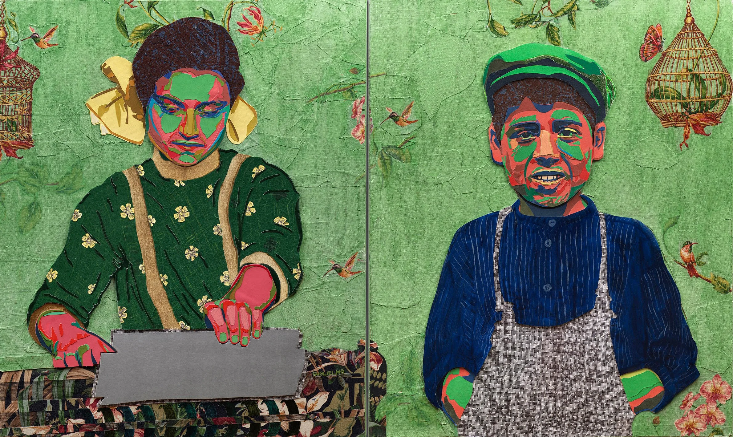 Where the Hummingbirds Sing (Diptych), 2023
Paper, fabric, acrylic, pencil, cardboard, gold leaf on canvas
36 x 60 in