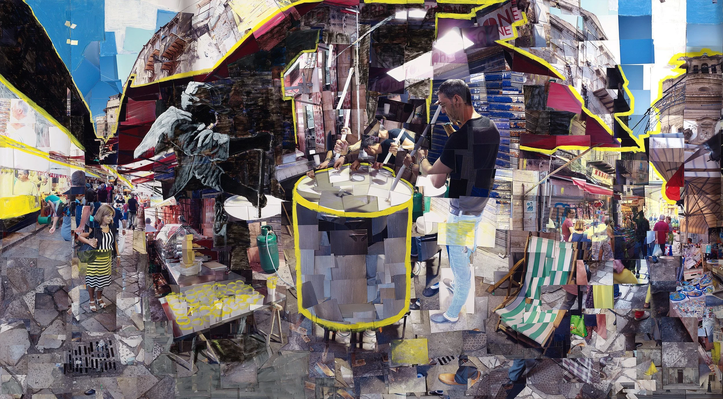 Making Ricotta, 2019
Mercato de Ballarò, Palermo, Sicily
Acrylic and photo-transfers on photocollage
64 x 118 in