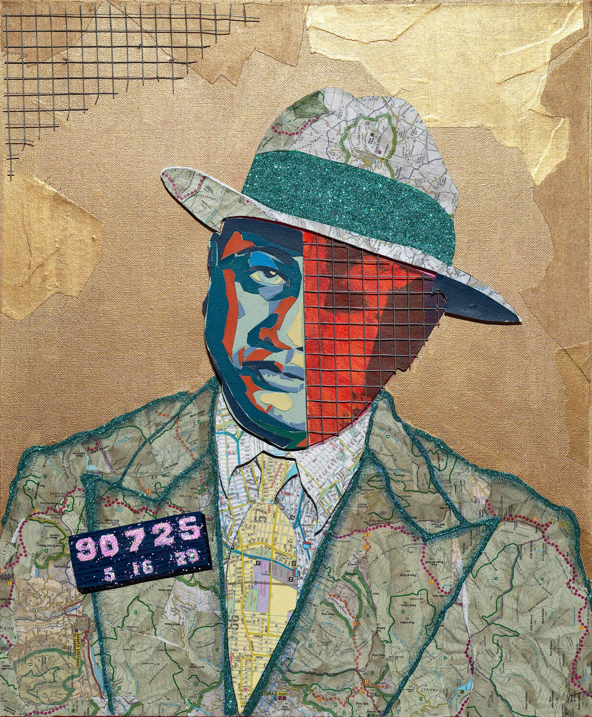 Untitled (Portrait #90725), 2024
Paper, acrylic, gold leaf, glitter, steel on canvas
24 x 20 in