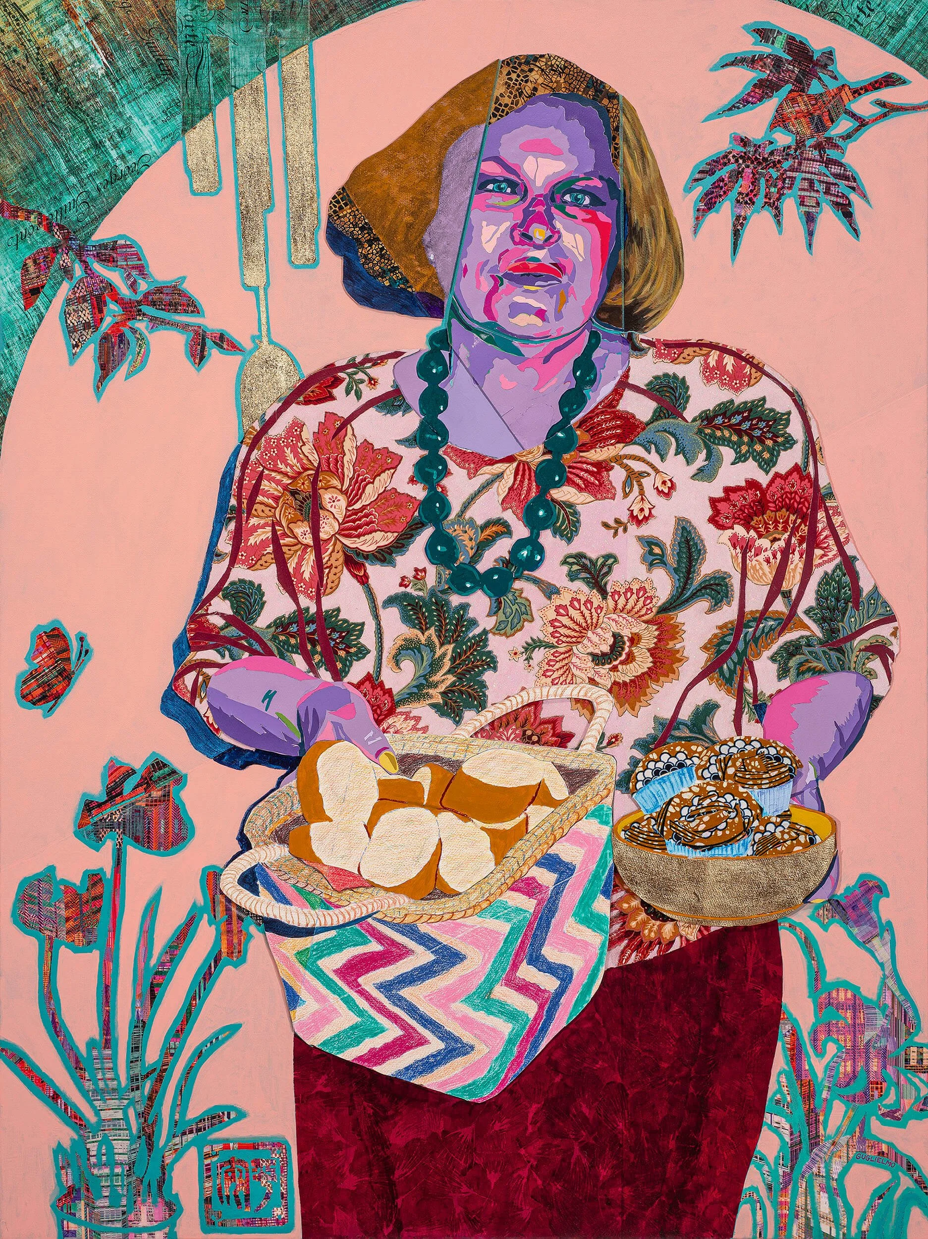 Grace in Her Garden, 2023
Acrylic, paper, fabric, gold leaf, glitter on canvas
48 x 36 in