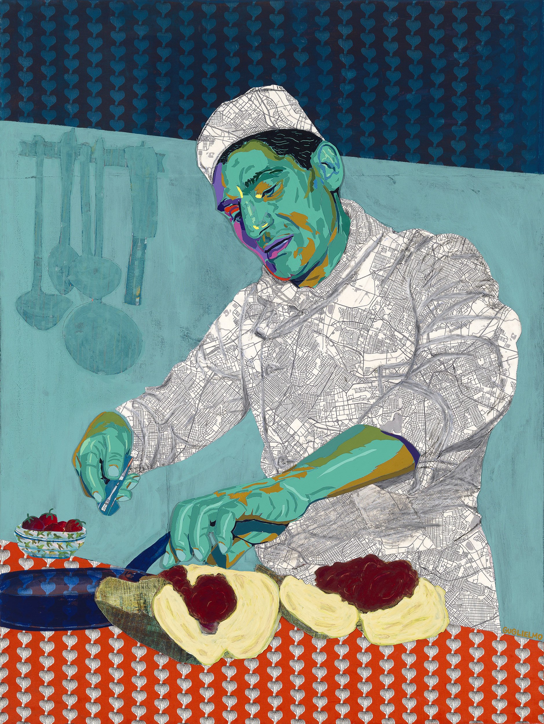 The Chef (Making Meatball Parm), 2022
Acrylic, paper, fabric, oil pastel, gold leaf on canvas
48 x 36 in