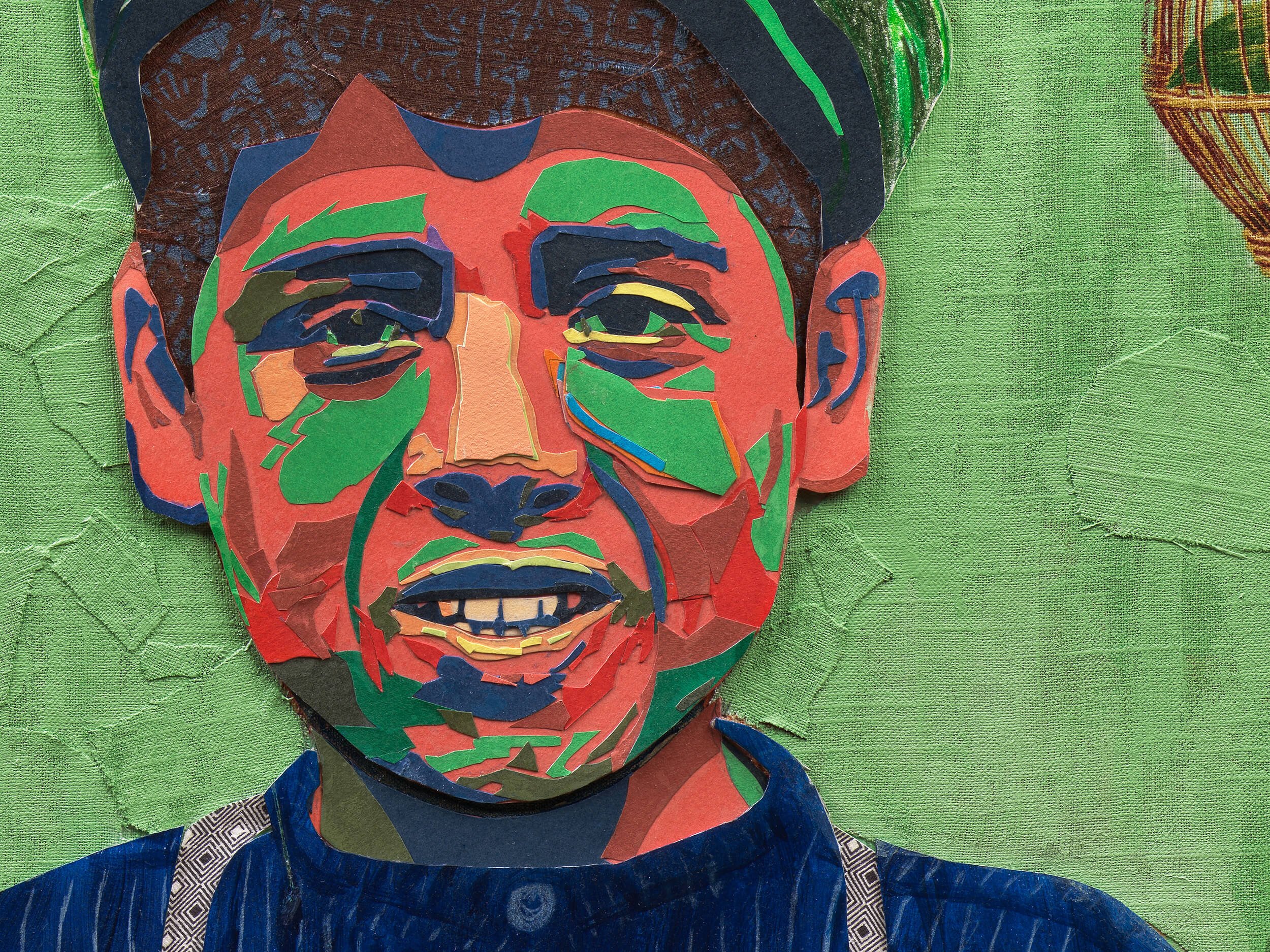 Where the Hummingbirds Sing (detail), 2023
Paper, fabric, acrylic, pencil, cardboard, gold leaf on canvas
36 x 60 in