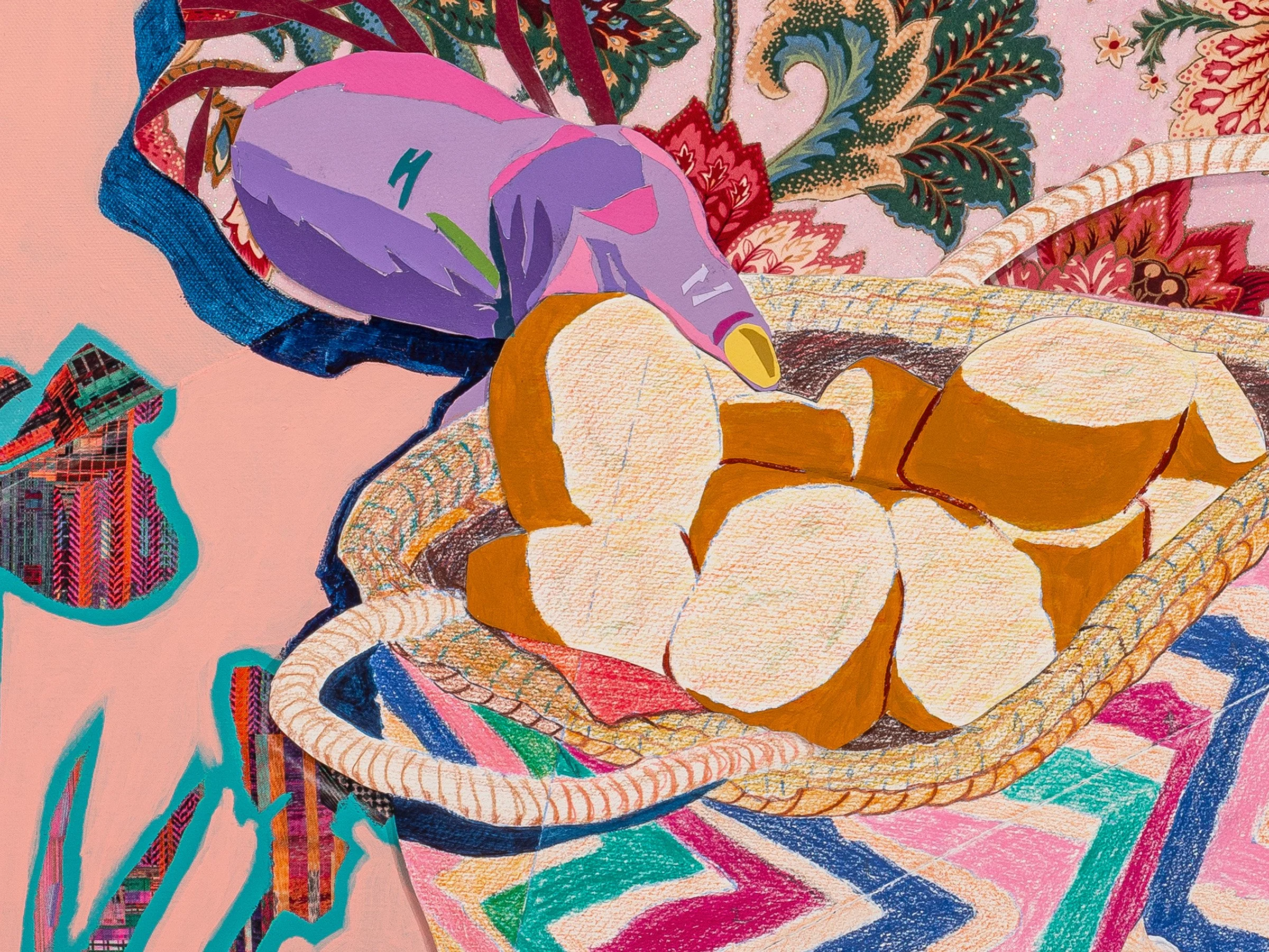 Grace in Her Garden (detail), 2023
Acrylic, paper, fabric, gold leaf, glitter on canvas
48 x 36 in