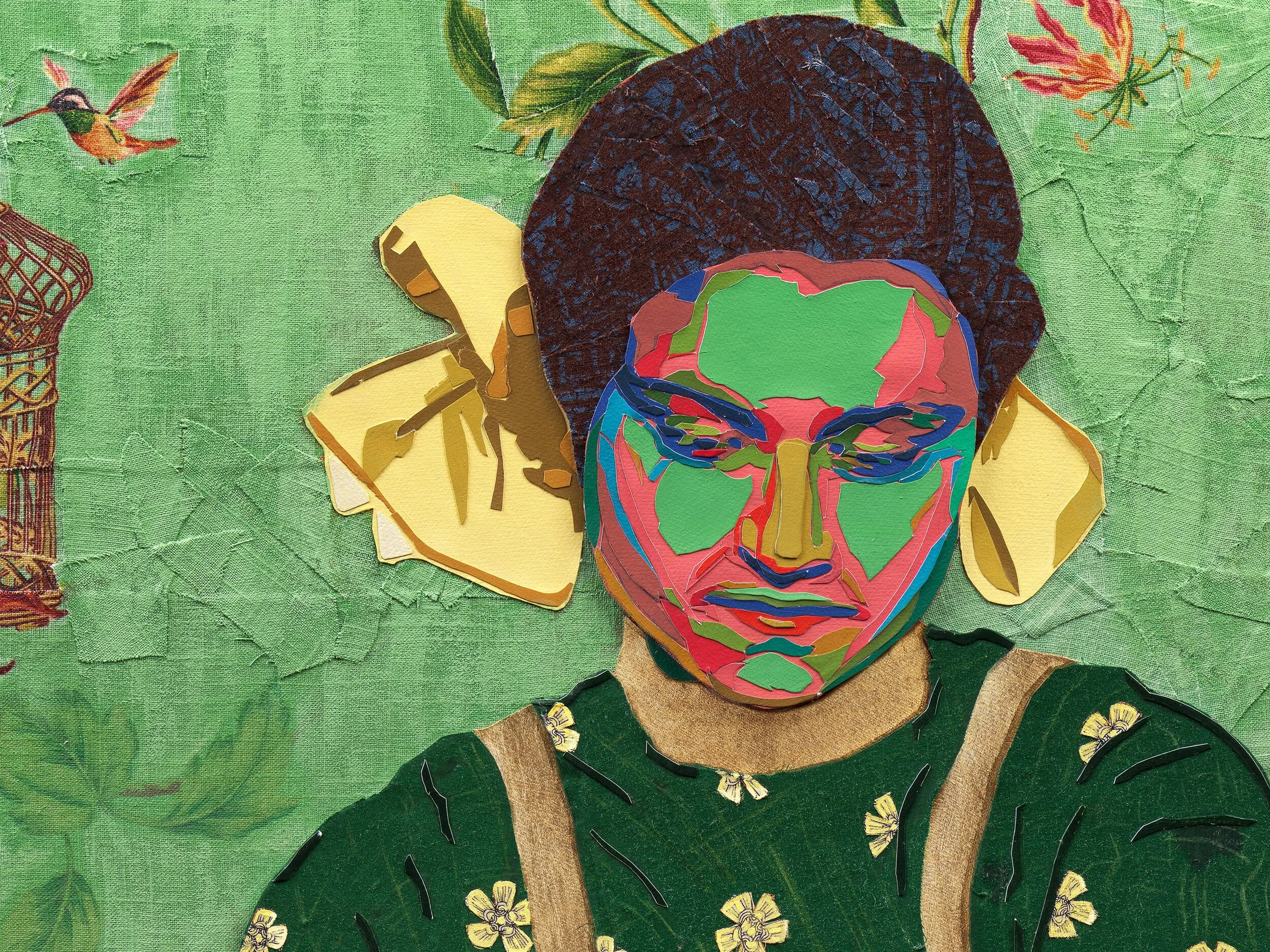 Where the Hummingbirds Sing (detail), 2023
Paper, fabric, acrylic, pencil, cardboard, gold leaf on canvas
36 x 60 in