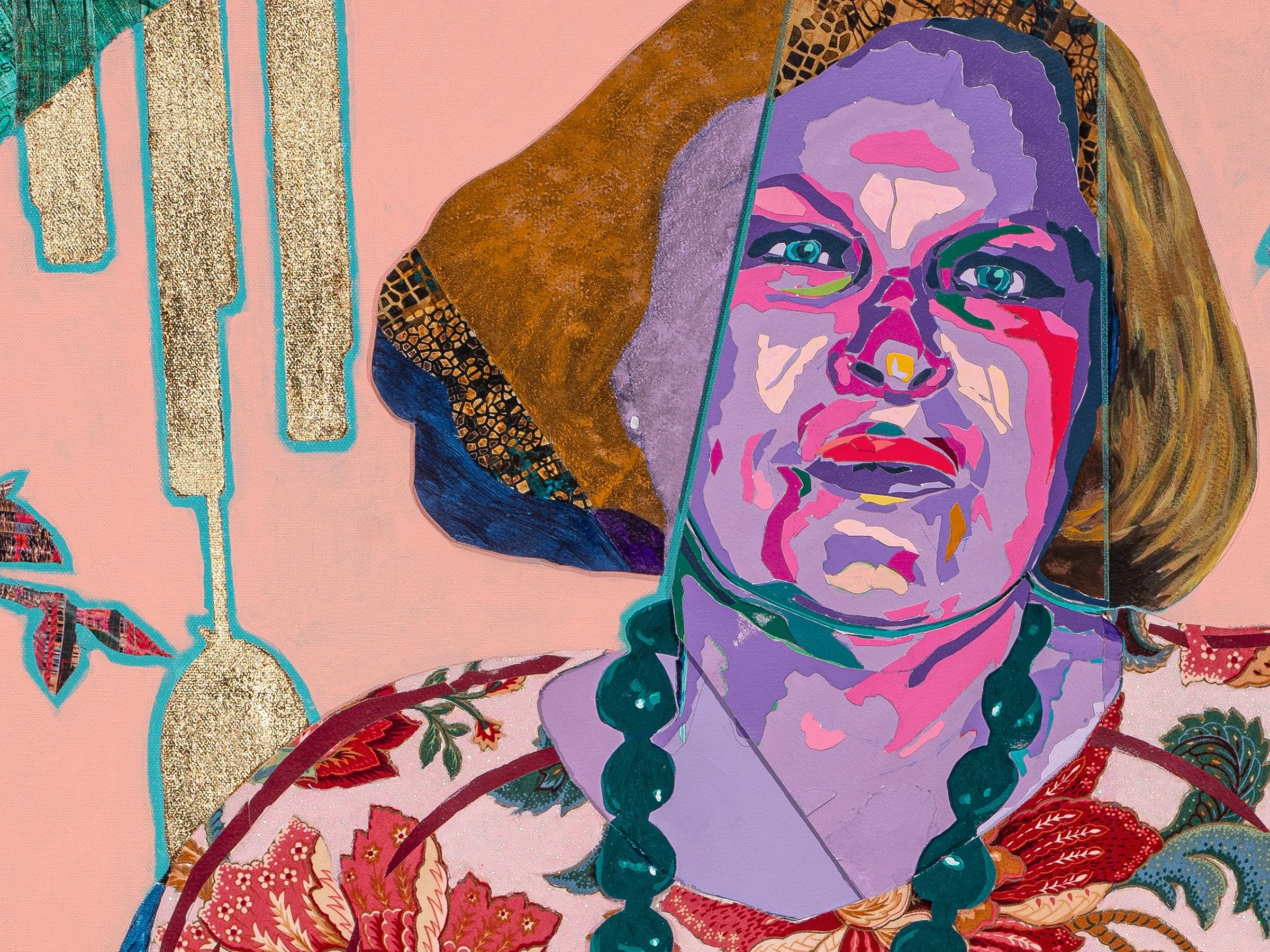 Grace in Her Garden (detail), 2023
Acrylic, paper, fabric, gold leaf, glitter on canvas
48 x 36 in