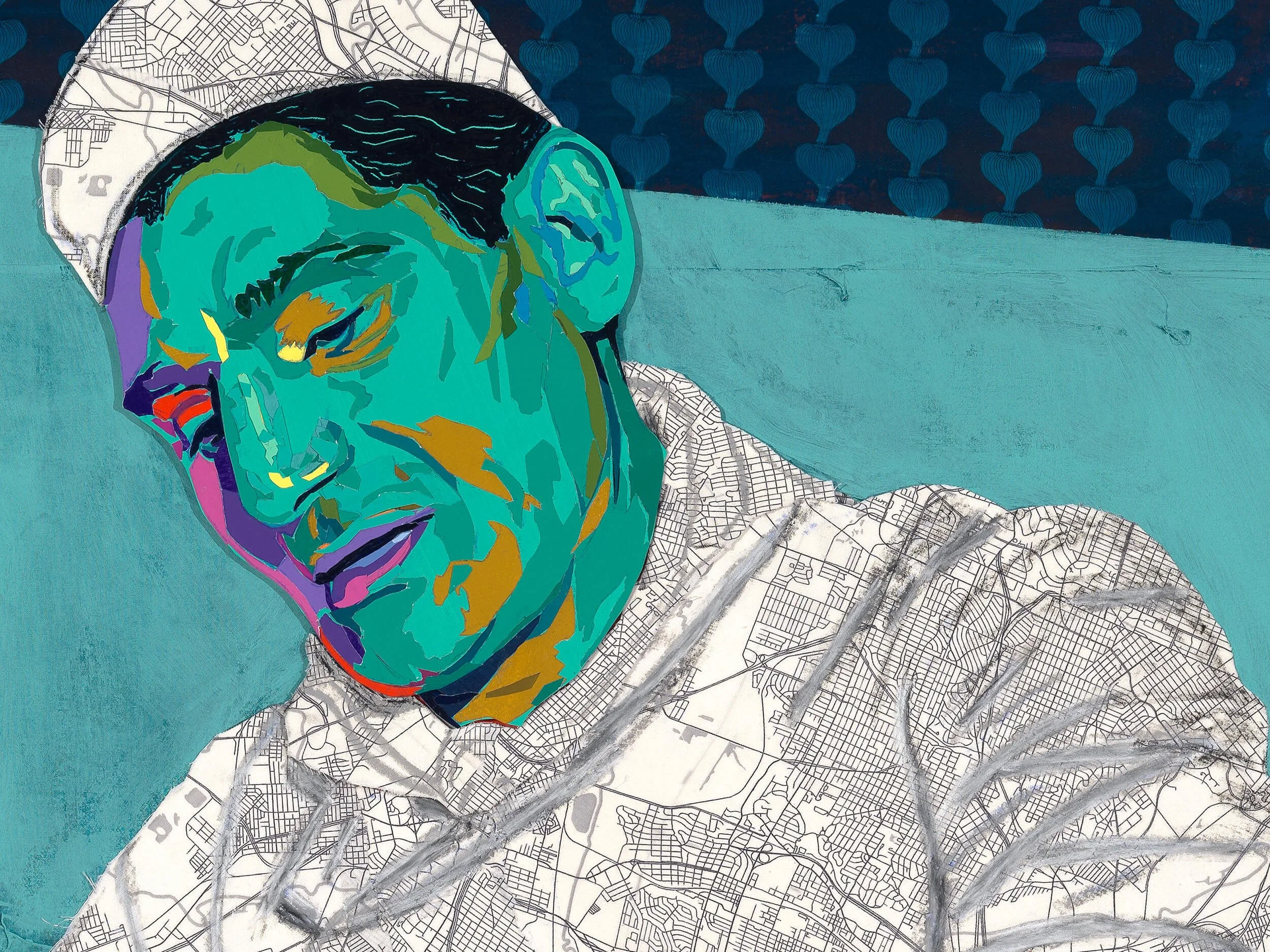 The Chef (detail), 2022
Acrylic, paper, fabric, oil pastel, gold leaf on canvas
48 x 36 in