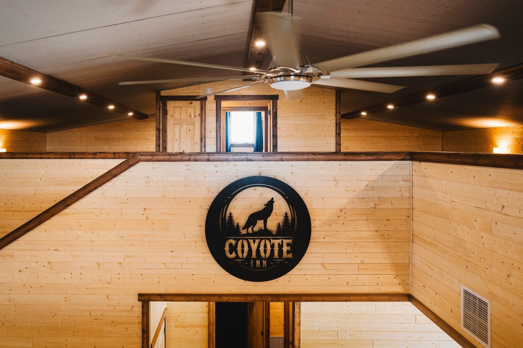 Interior view of a wooden lodge with a