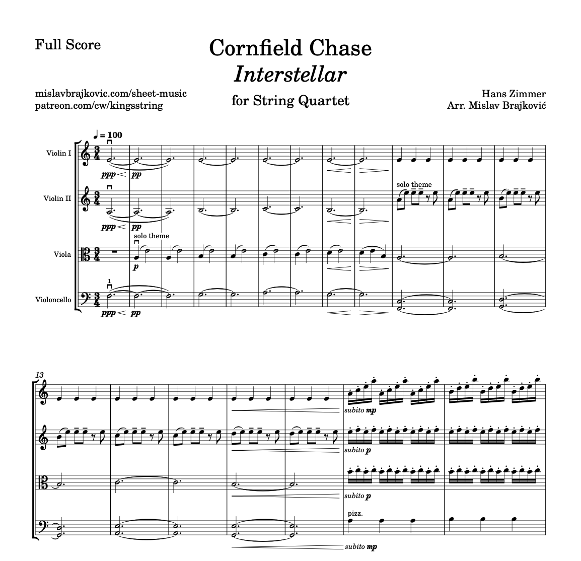 Cornfield Chase (Interstellar) – String Quartet Sheet Music Cover Full Score