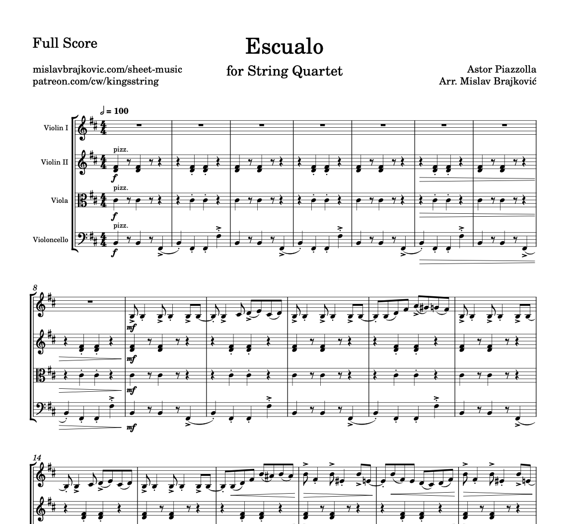 Escualo by Piazzolla, string quartet sheet music cover. Full score.