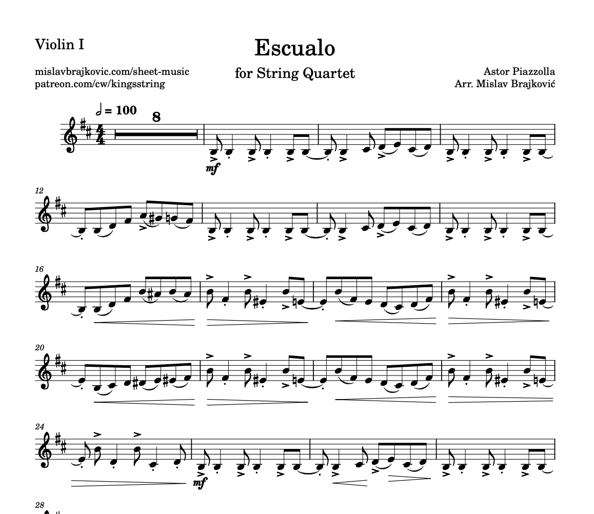 Escualo by Piazzolla, string quartet sheet music cover. Violin Part.