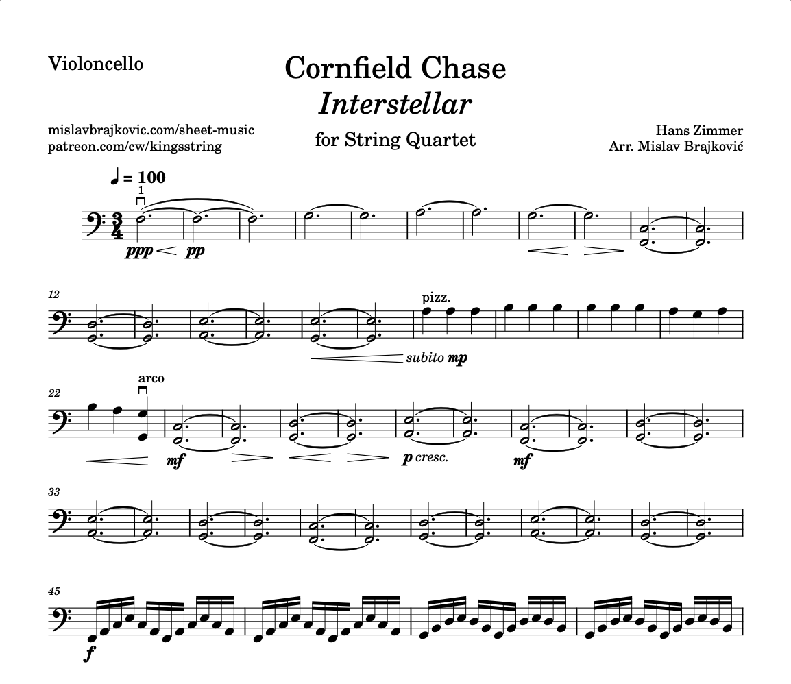 Cornfield Chase (Interstellar) – String Quartet Sheet Music Cover Cello Part