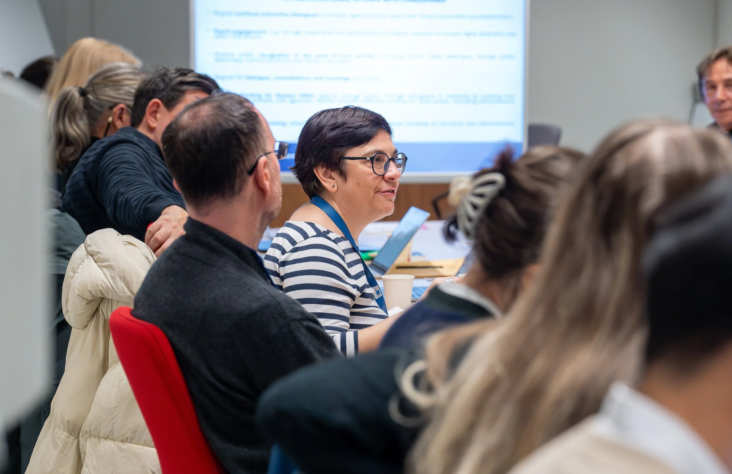 A group of people attending a conference or meeting, sitting at a table and listening to a presentation with a screen in the background. EU Delegation Seminar on Human Rights 2025, Democracy & Gender Equality Brussels