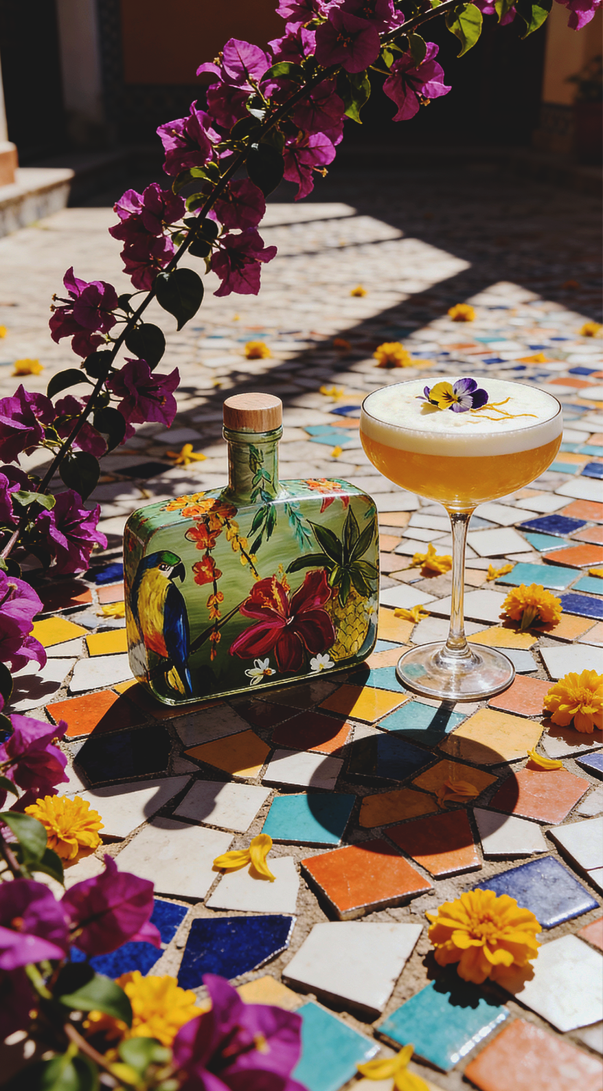 A colorful cocktail with a frothy top garnished with edible flowers, placed on a mosaic tile surface with scattered yellow flowers and purple bougainvillea in the background.  AI Product photos for Flowers N Gin.