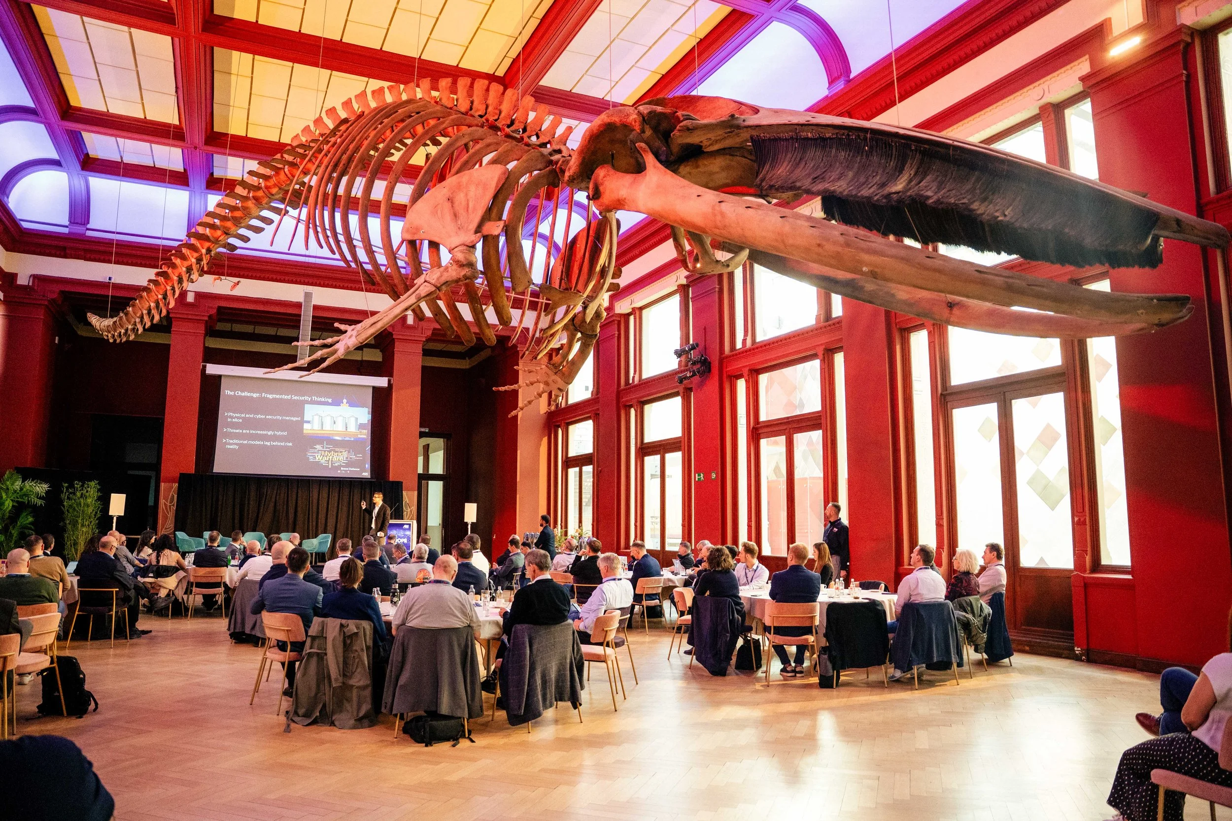 Large conference room in a museum with a suspended whale skeleton hanging from the ceiling. The room has high ceilings with large windows, and a crowd of people seated  at round tables listening to a speaker at a podium. ASIS EUROPE ANTWERP 2026 at t