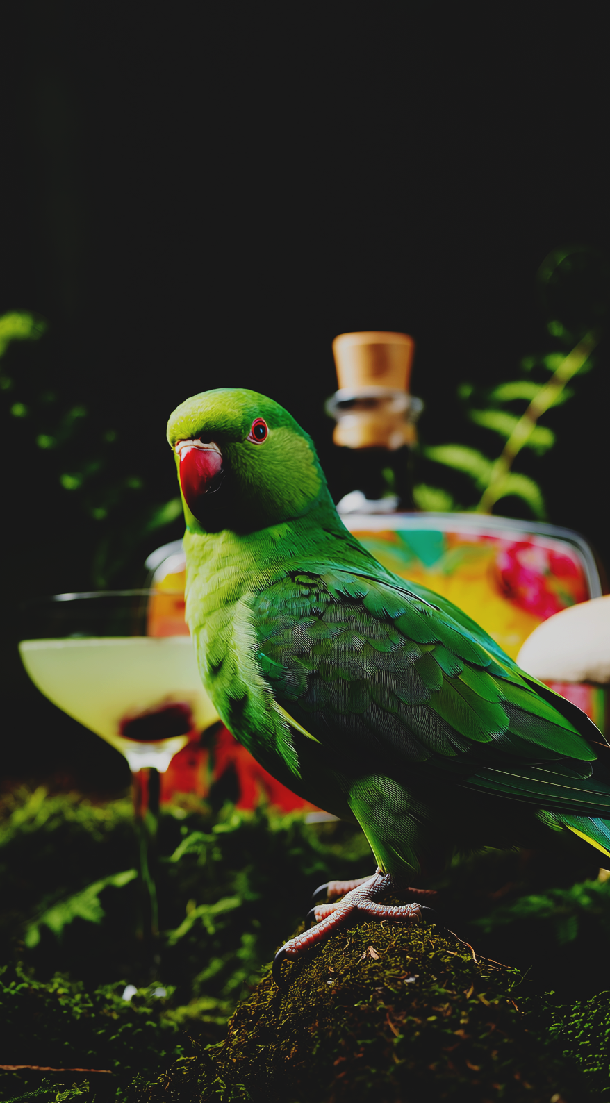 A vibrant green parrot with a red beak perched on a mossy branch, with tropical drinks and tropical plants in the background.  AI Product photos for Flowers N Gin.