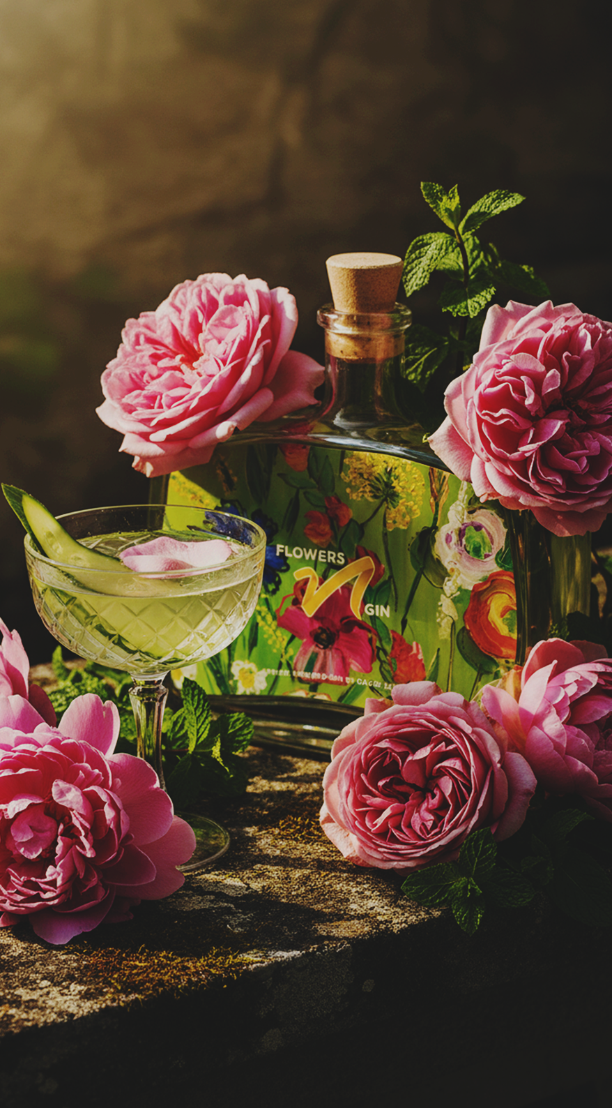 A floral gin bottle with pink roses and a cocktail with a cucumber slice on a rustic surface.  AI Product photos for Flowers N Gin.