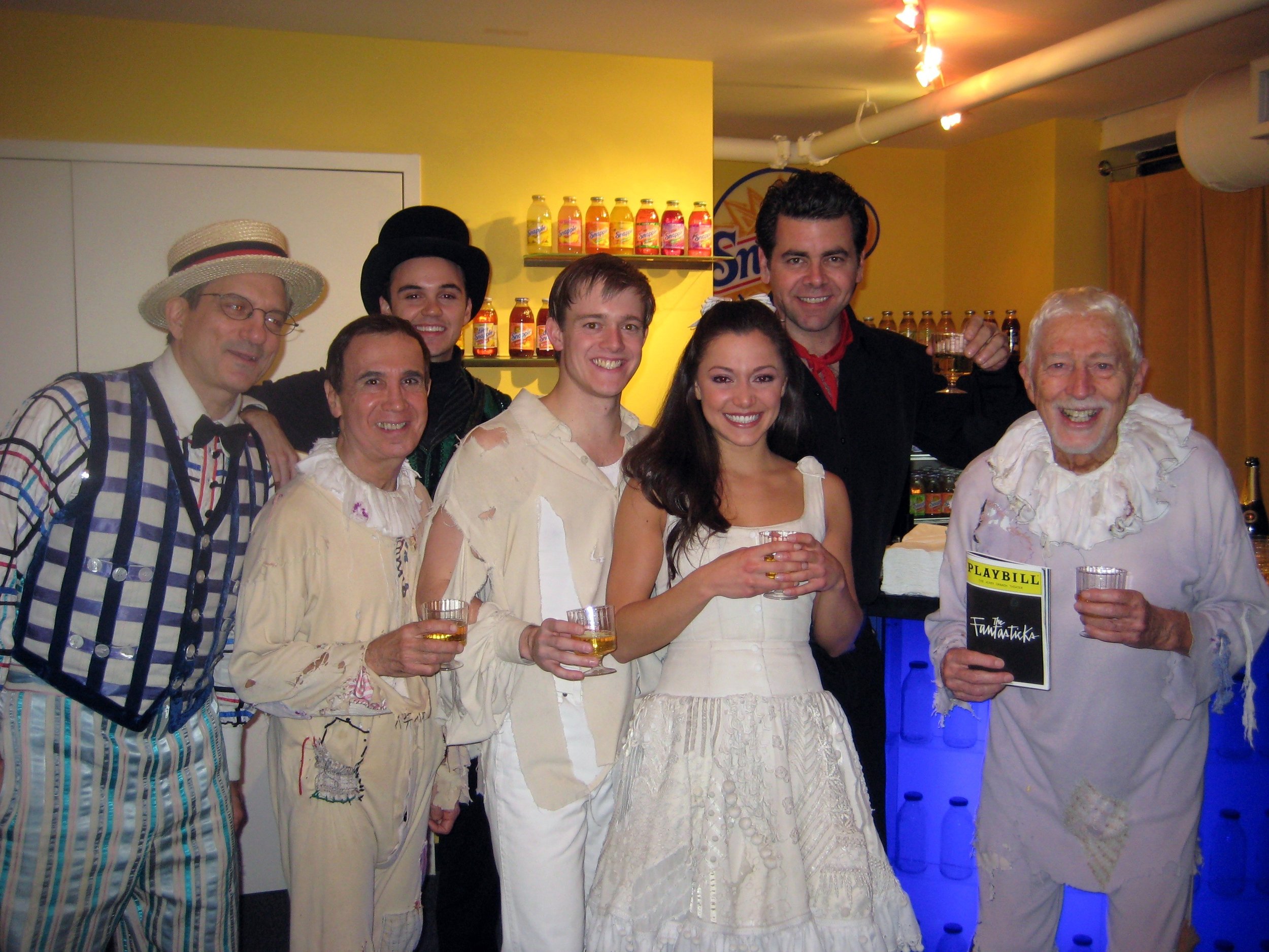 Marty Vidnovic, Bobby Oliver, Jordan Nichols, Doug, Julie Craig, Burke Moses, and Tom Jones after the 500th performance of the 2006-revival of The Fantasticks. (Image courtesy of Dan Shaheen)