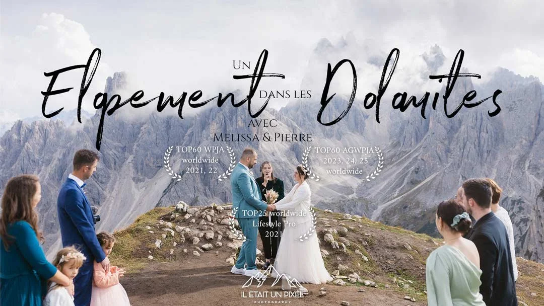 Elopement dans les Dolomites de M&P, en haut d'une montagne avec 15 invités