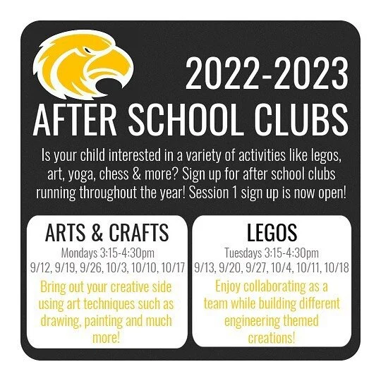 There will be a variety of different clubs throughout the school year starting with Arts & Crafts Club (K-5 and 6-8th grade groupings) and Lego Club (K-6th grade)! Have your children explore their creativity, teamwork and more in both of these fu