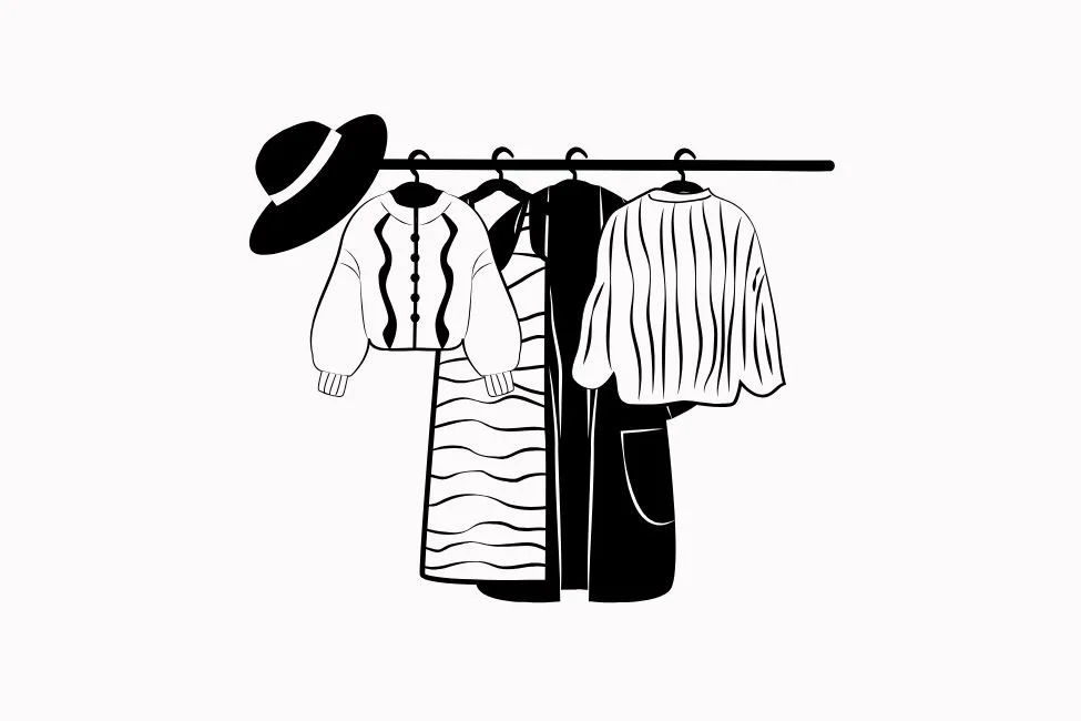 Black and white illustration of hanging clothes, including a hat, a jacket, a skirt, and two shirts.
