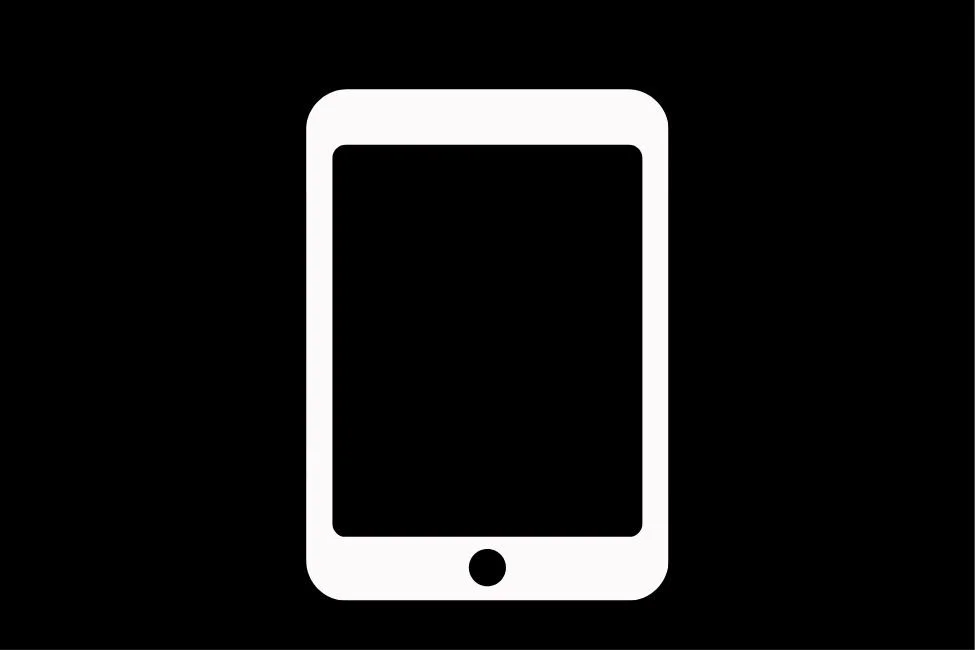 Icon of a smartphone with a black screen and a circular home button at the bottom, white outline on a black background.
