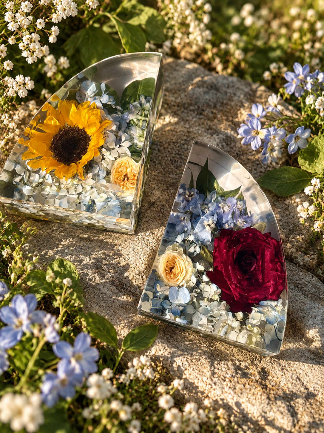 Sunlit Floral Resin Wedges on Stone.png