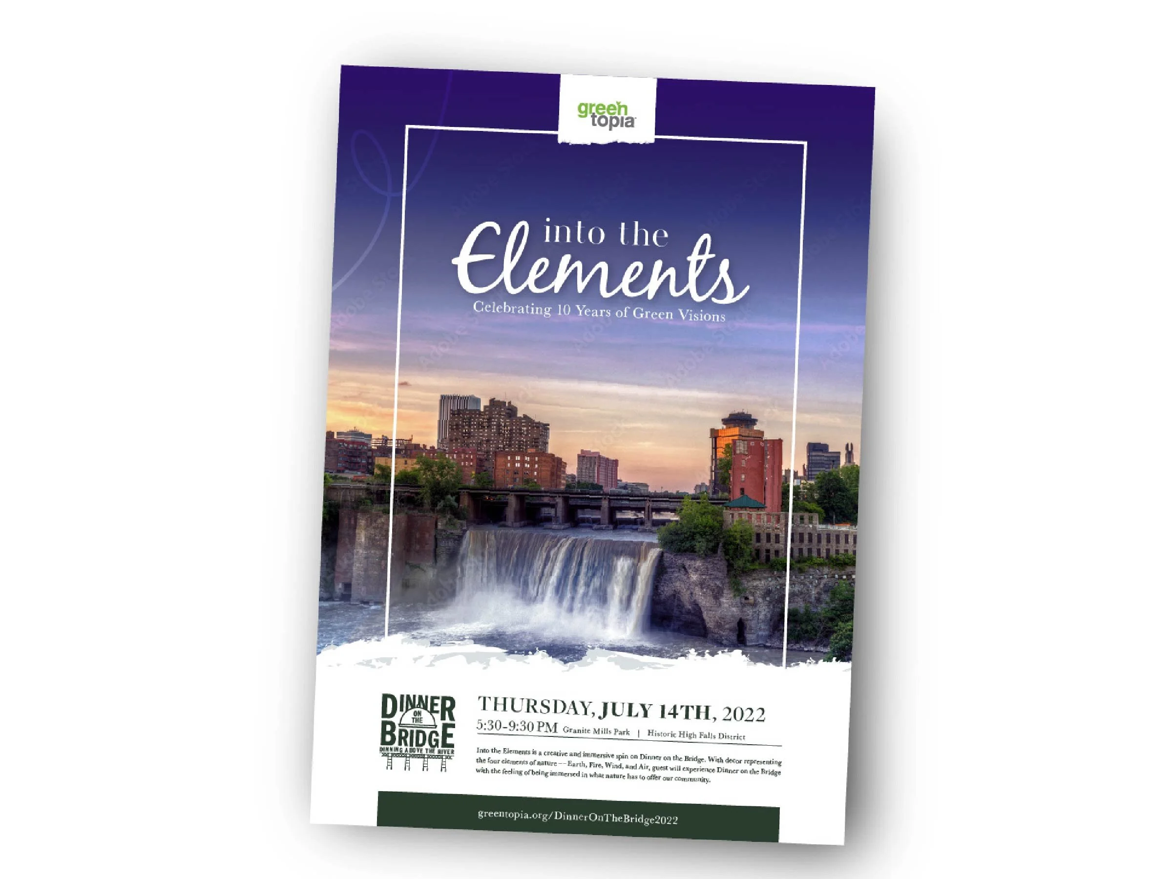 Event flyer for 'Into the Elements: Celebrating 10 Years of Green Visions,' featuring a cityscape with waterfalls and a sunset sky, details for Dinner on the Bridge event on July 14th, 2022 at Granite Mills Park.