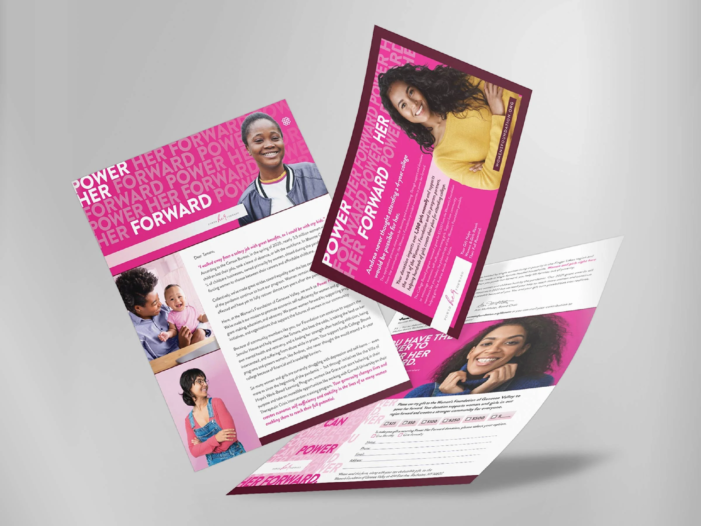 Flyers promoting empowerment for women and girls, featuring diverse women and girls smiling and the text 'Power Her Forward' in pink.