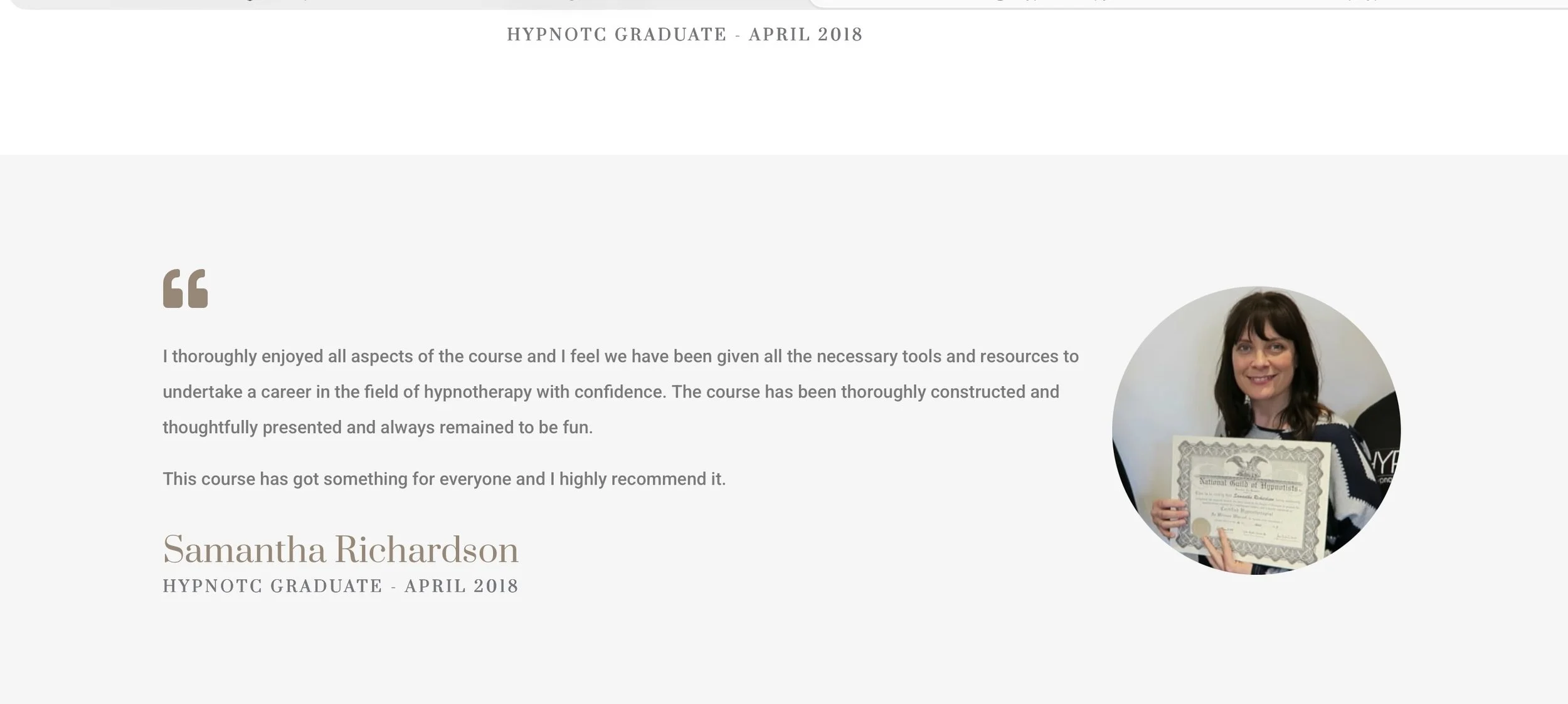 Sam Richardson holding her hypnotherapy certificate after completing her hypnotherapy training.