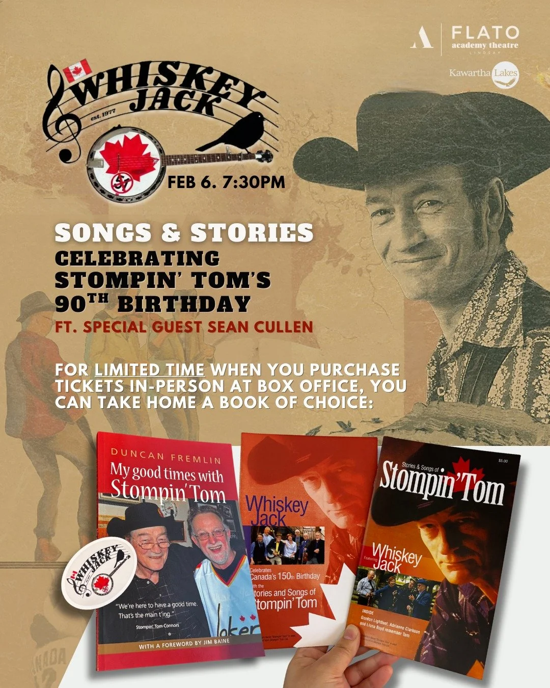Join in on the Stompin' Tom Celebration! 🇨🇦
For limited time, when you purchase Whiskey Jack tickets in-person at Box Office, you can take home a book of choice! Get your tickets today!

📅 February 6, 2026
🕰 7:30PM

Box Office Hours: 
Tues &amp; 