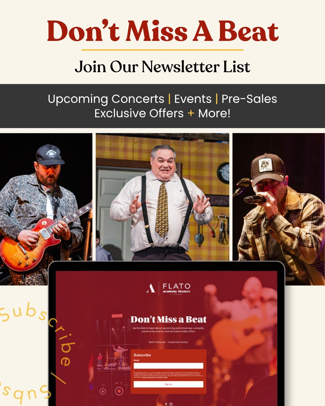 Don&rsquo;t Miss A Beat! 🌟🎭🎵

Be sure you&rsquo;re on our mailing list for exclusive offers, pre-sale access, and show updates.

Already subscribed? Give it a quick double check &mdash; we experienced a small technical glitch and want to make sure
