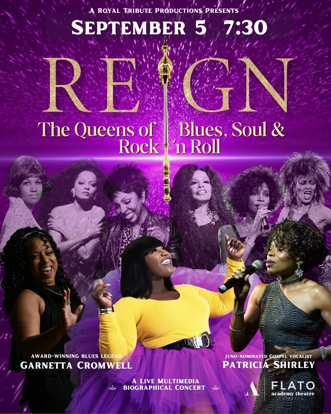 👑 RESPECT. Proud Mary. Lady Marmalade.
REIGN: The Queens of Blues, Soul &amp; Rock &lsquo;n Roll celebrates the legendary women who transformed music forever.

📅 Sept 5 @ 7:30
🎟 Tickets on sale now: visit website link in bio🔗

#FlatoAcademyTheatr