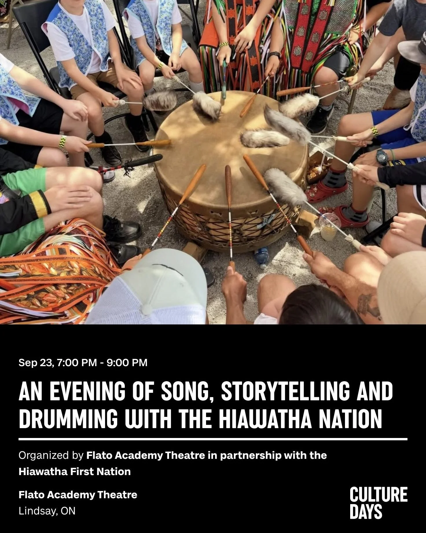 🥁 Experience an evening of song, storytelling, and drumming!

As part of @culturedays, we&rsquo;re proud to welcome @hiawathafirstnation  to the Flato Academy Theatre on September 23 at 7 PM for a special evening celebrating music, dance, storytelli