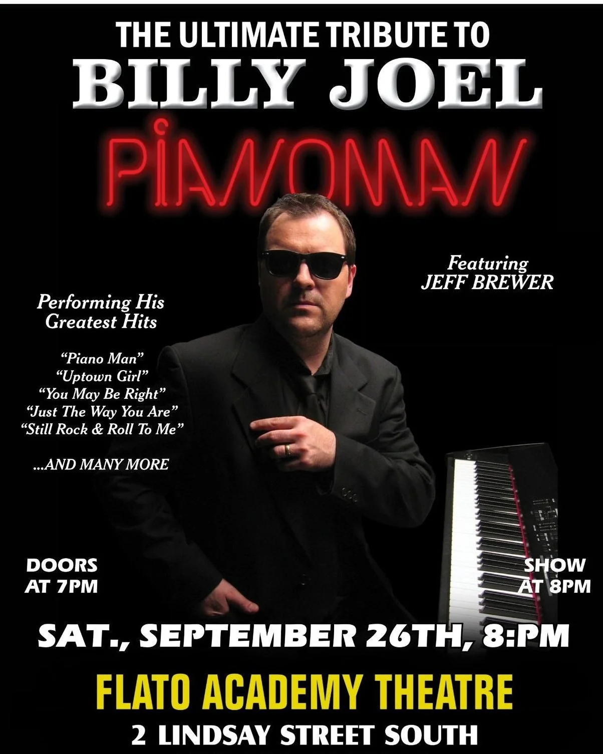 🎶 Sing us a song, you're the Piano Man...

Get ready for a night celebrating the music of one of the world's most beloved singer-songwriters. Piano Man takes the stage September 26 for an evening of unforgettable songs and classic hits.

Come ready 