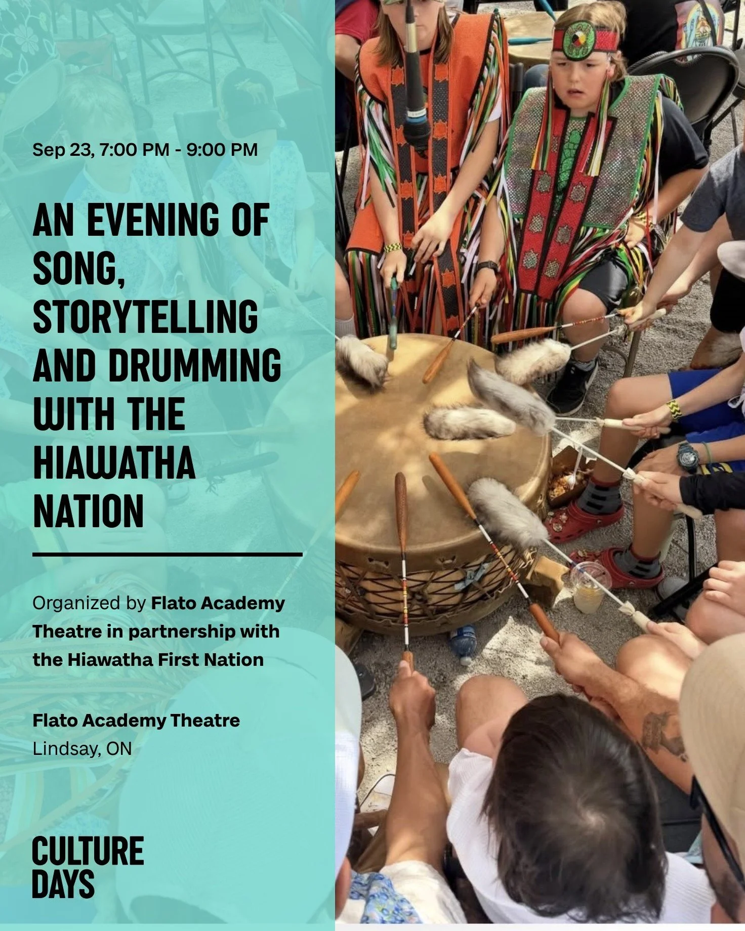 🥁 Experience an evening of song, storytelling, and drumming with @hiawathafirstnation !

We're partnering with @culturedays  on September 23 for a special evening celebrating music, dance, storytelling, and Indigenous culture. Featuring traditional 