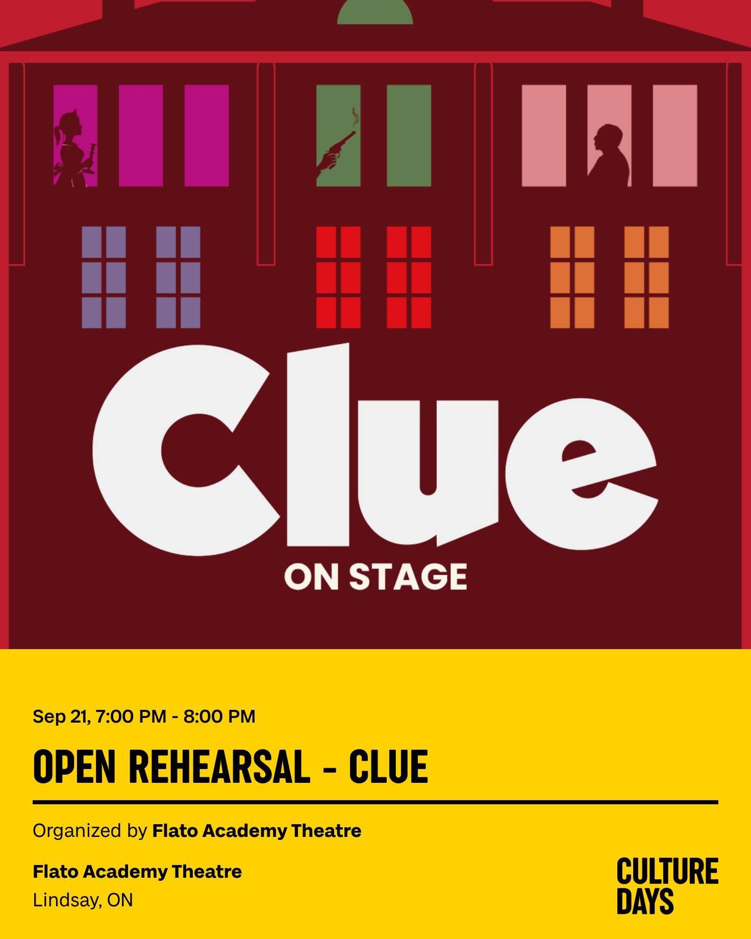 In partnership with @culturedays , we're opening up our doors tonight for an open rehearsal for Clue! Space is limited so hurry and register!

🔎Clue Open Rehearsal: Sept 21 @ 7:00PM

Visit our website to sign up and reserve your spot for our open re