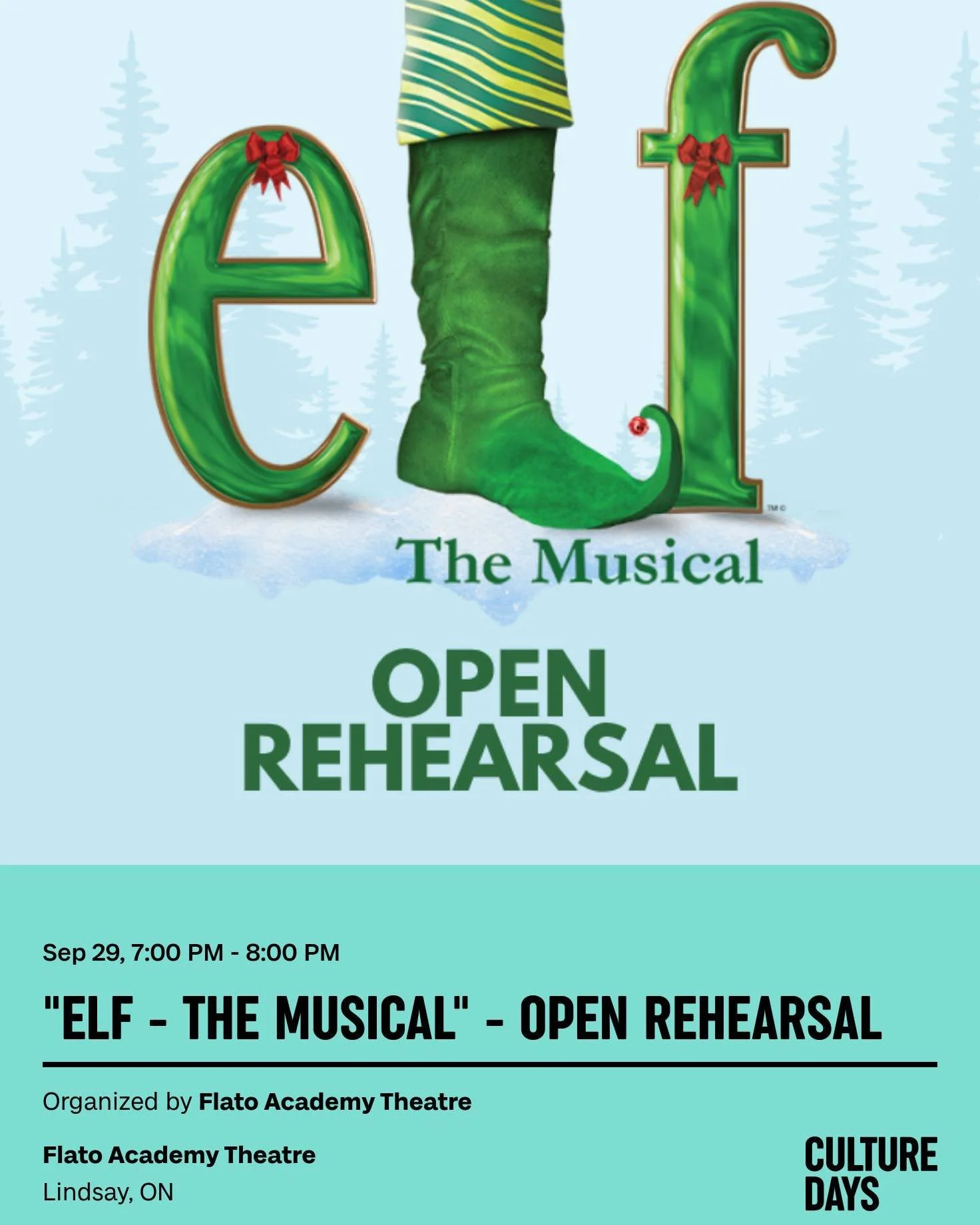 In partnership with @culturedays , we're opening up our doors tonight for an open rehearsal for Elf The Musical!

🎄ELF The Musical Open Rehearsal: Sept 29 @ 7:00PM

#FlatoAcademyTheatre #KawarthaLake #ClueOnStage #LiveTheatre #ELFTheMusical #Culture