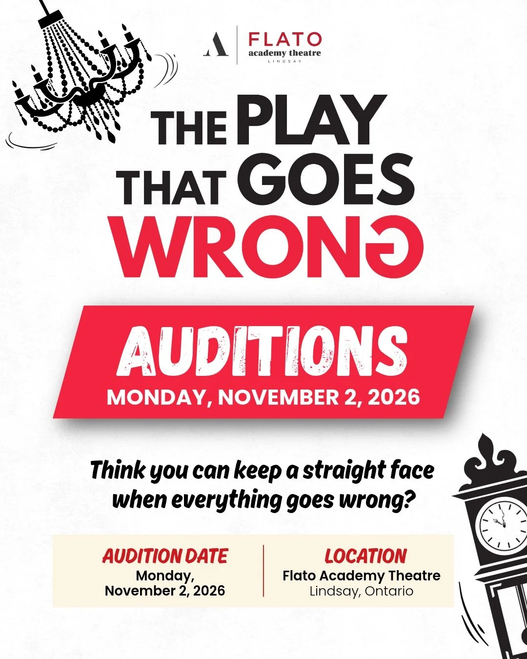 WE PROMISE THE AUDITIONS WILL GO RIGHT. 👀
The production? That's another story.

This fast-paced comedy is packed with mishaps, mayhem, and wonderfully ridiculous moments &mdash; and we're looking for performers to help bring it all to life.

Whethe