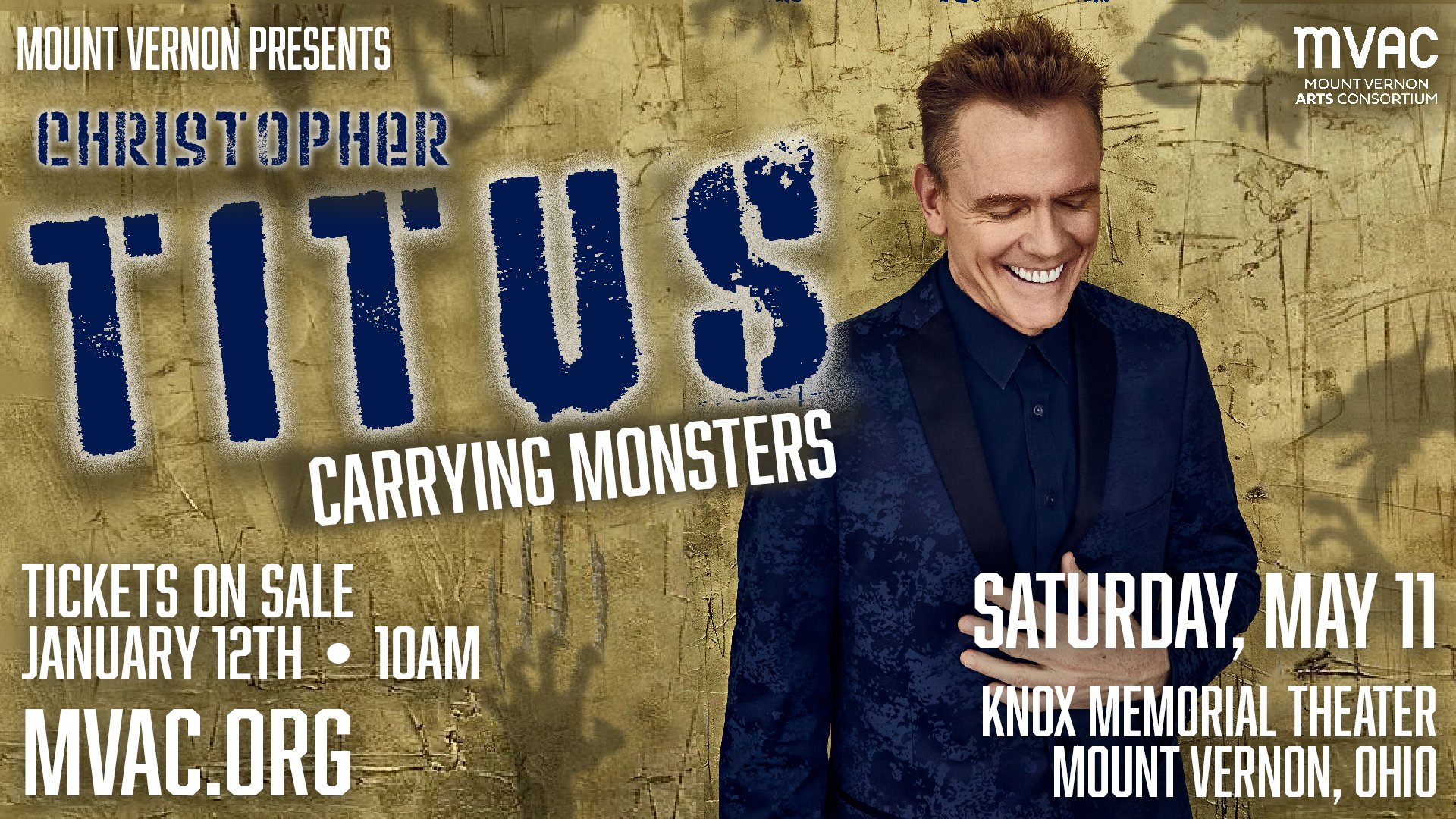 The Mount Vernon Arts Consortium is proud to announce our first show of the 2024 season, Christopher Titus! This hilarious stand-up comedian, writer, actor, and producer will join us at the Knox Memorial on May 11th. Tickets go on sale this Friday at