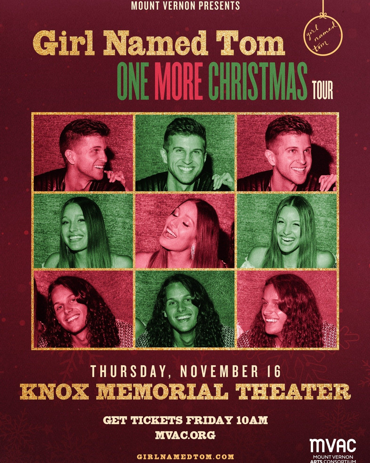 Just Announced!
Girl Named Tom: One More Christmas Tour ~ Thursday, November 16 at 8:00pm
Don't miss the sibling fan-favorite finalists of NBC's The Voice as they bring their spectacular One More Christmas tour to the Knox Memorial to kick off the ho