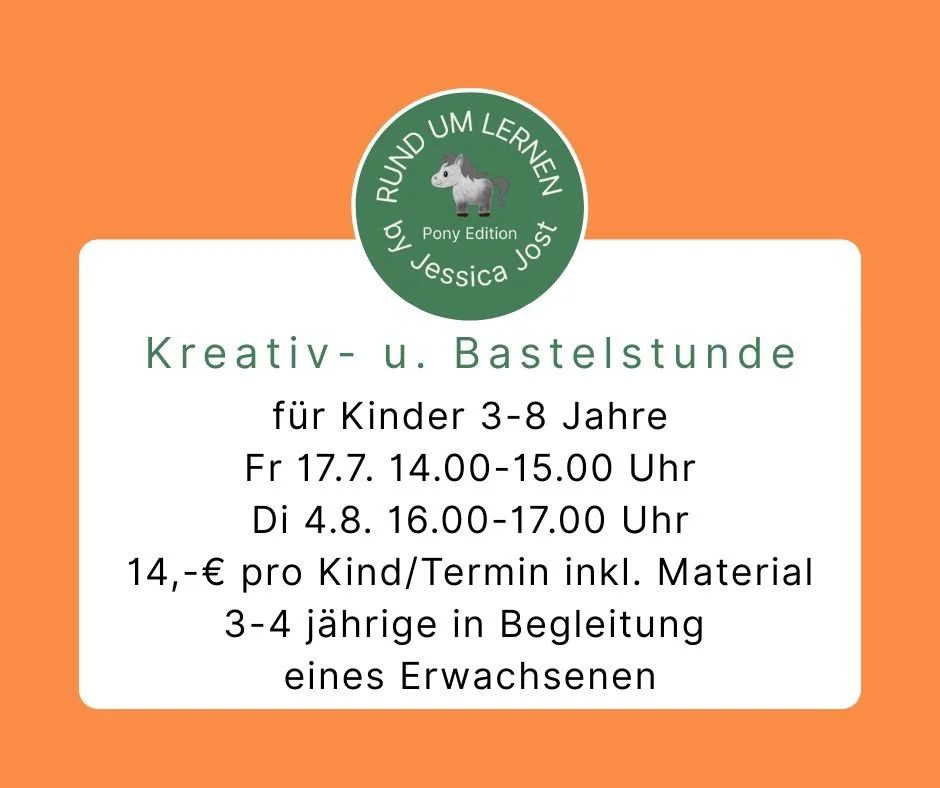 für Kinder 3-8 Jahre (3-4 jährige nur in Begleitung eines Erwachsenen)
Kreativ, draußen und dabei Pferde beobachten. Anmeldung für beide oder einzelnen Termin möglich. Ort: Koppel am Waldrand von Herbstein